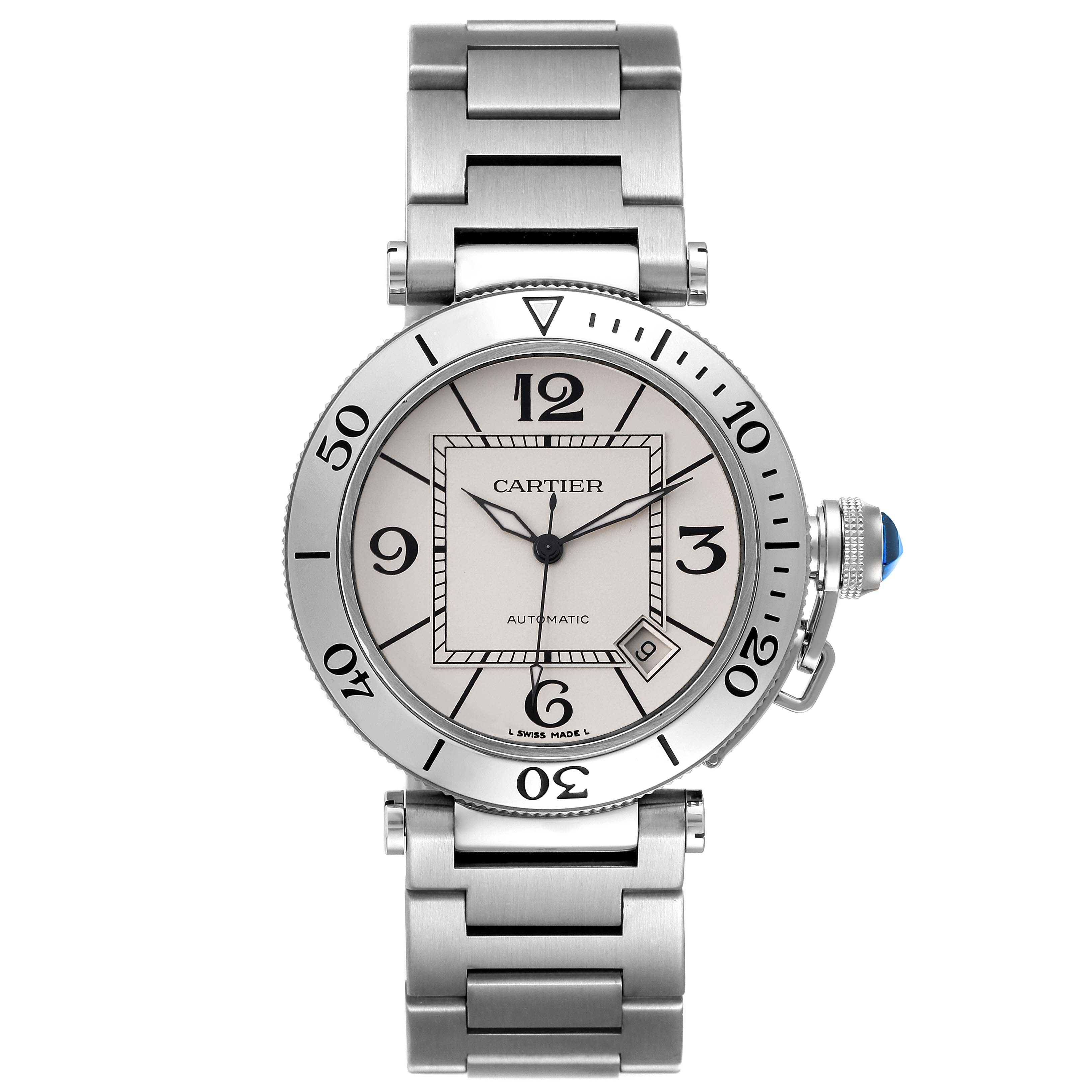This image shows the Cartier Pasha W31080M7 Men's Stainless Steel Silver Dial W31080M7 Men's Stainless Steel Silver Dial watch from a top-down angle, highlighting its face, bezel, and stainless steel bracelet.