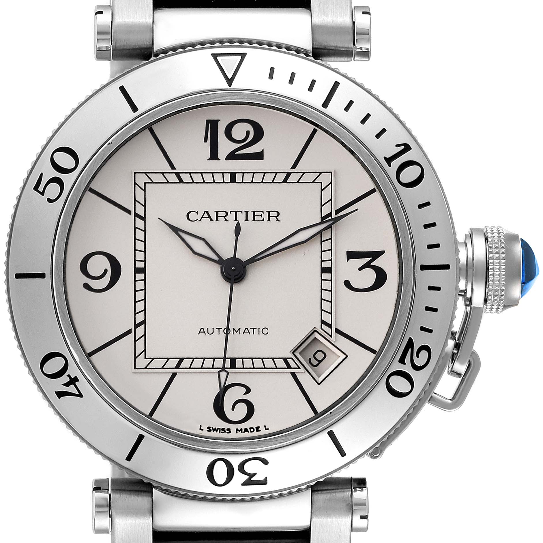 The image shows a front view of the Cartier Pasha W31080M7 Men's Stainless Steel Silver Dial W31080M7 Men's Stainless Steel Silver Dial watch, highlighting its dial, bezel, and crown with a blue gemstone.