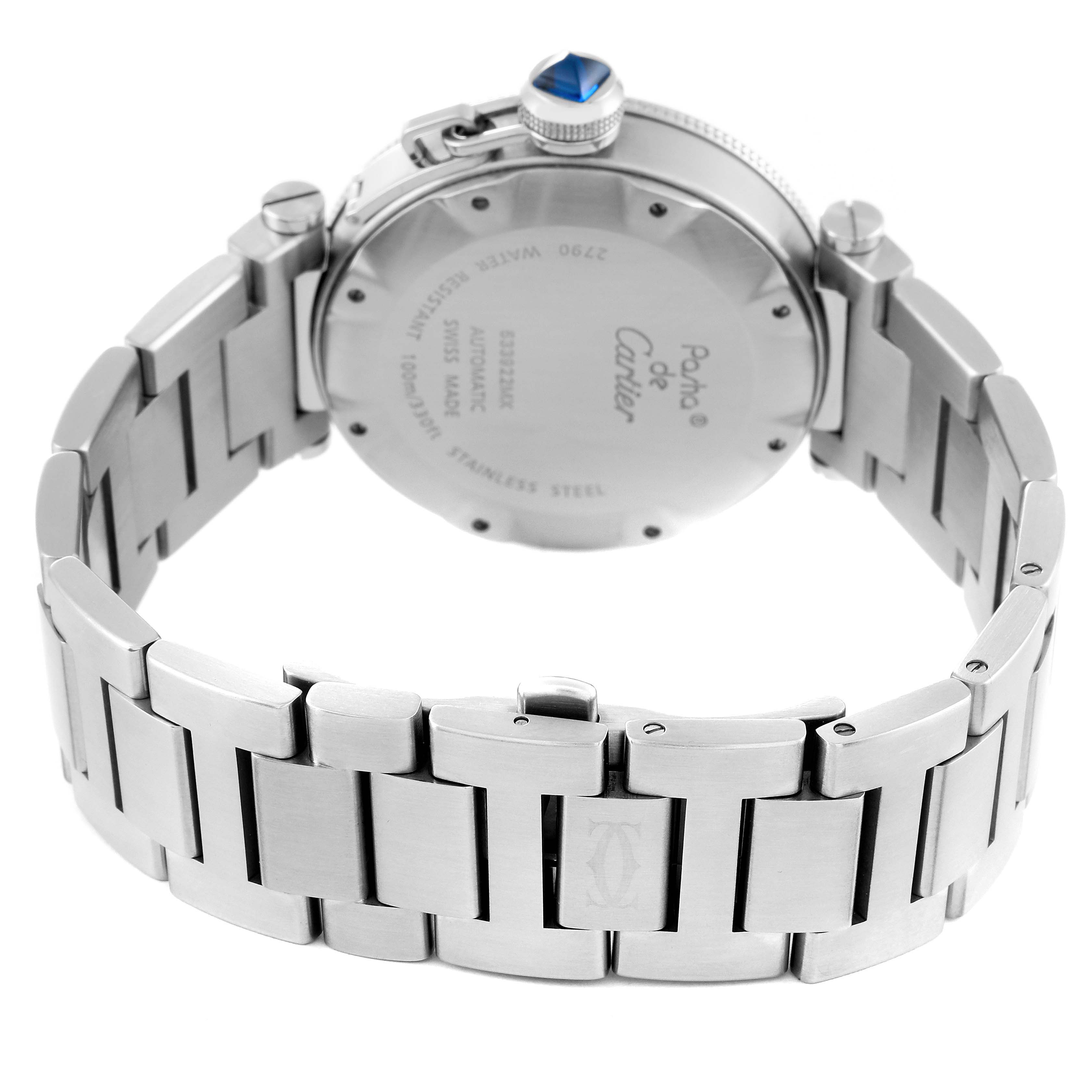 The image shows the back view of a Cartier Pasha W31080M7 Men's Stainless Steel Silver Dial W31080M7 Men's Stainless Steel Silver Dial model watch, highlighting its case back, crown, and stainless steel bracelet.