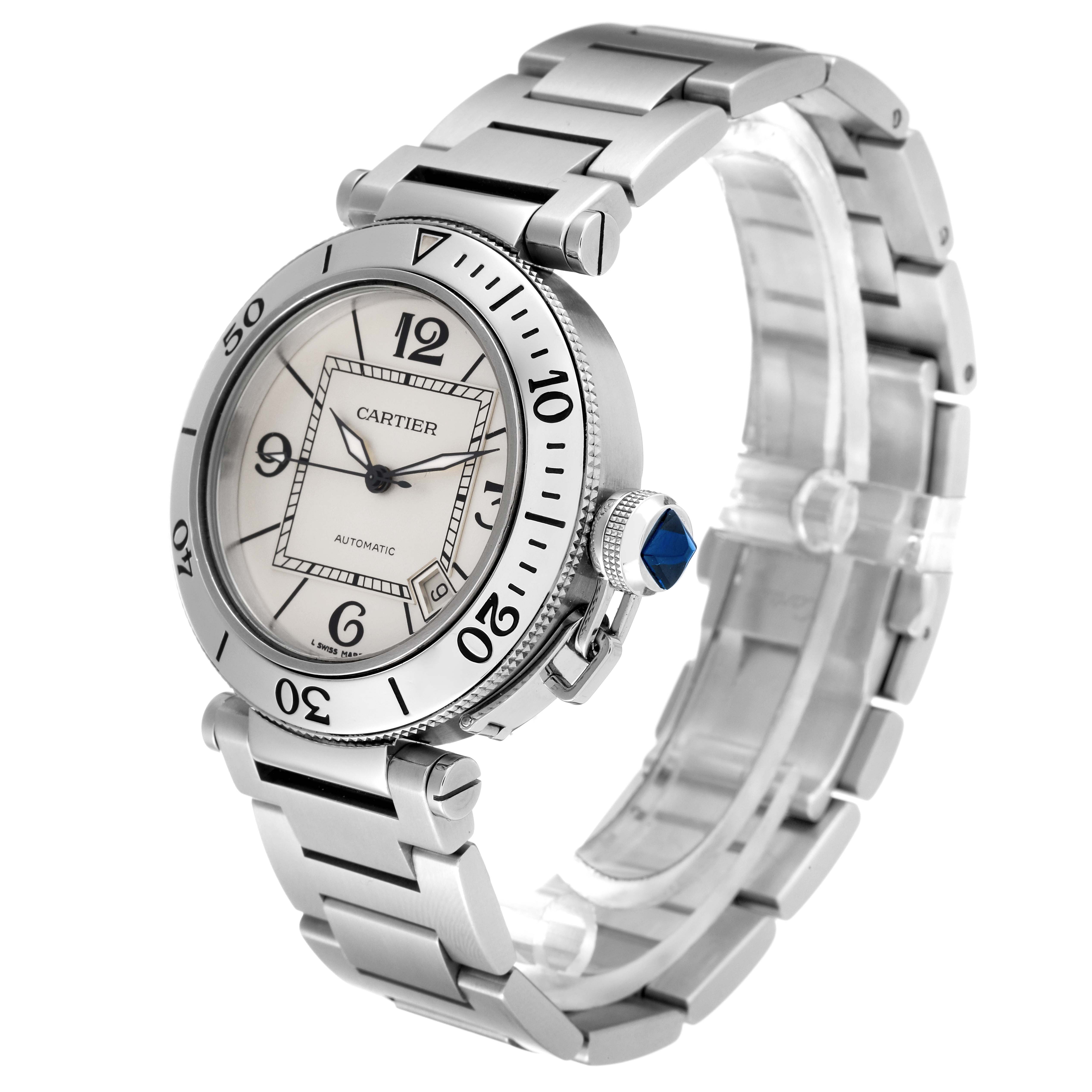 The image showcases a Cartier Pasha W31080M7 Men's Stainless Steel Silver Dial W31080M7 Men's Stainless Steel Silver Dial watch at a three-quarter angle, highlighting its face, bezel, crown, and stainless steel bracelet.