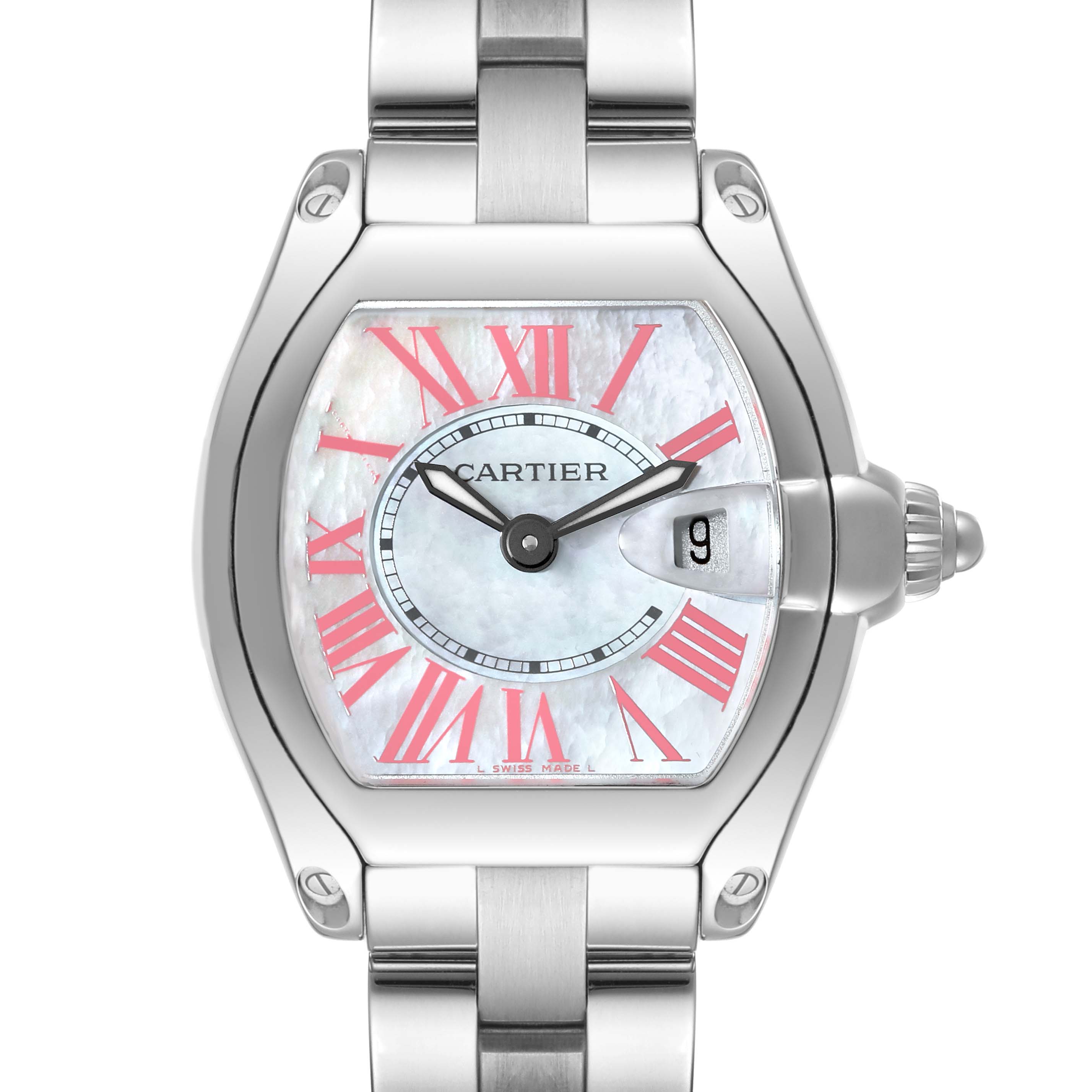 The image shows a front view of the Cartier Roadster W6206006 Women's Stainless Steel Mother of Pearl Dial W6206006 Women's Stainless Steel Mother of Pearl Dial watch, highlighting the dial, hands, crown, and part of the bracelet.