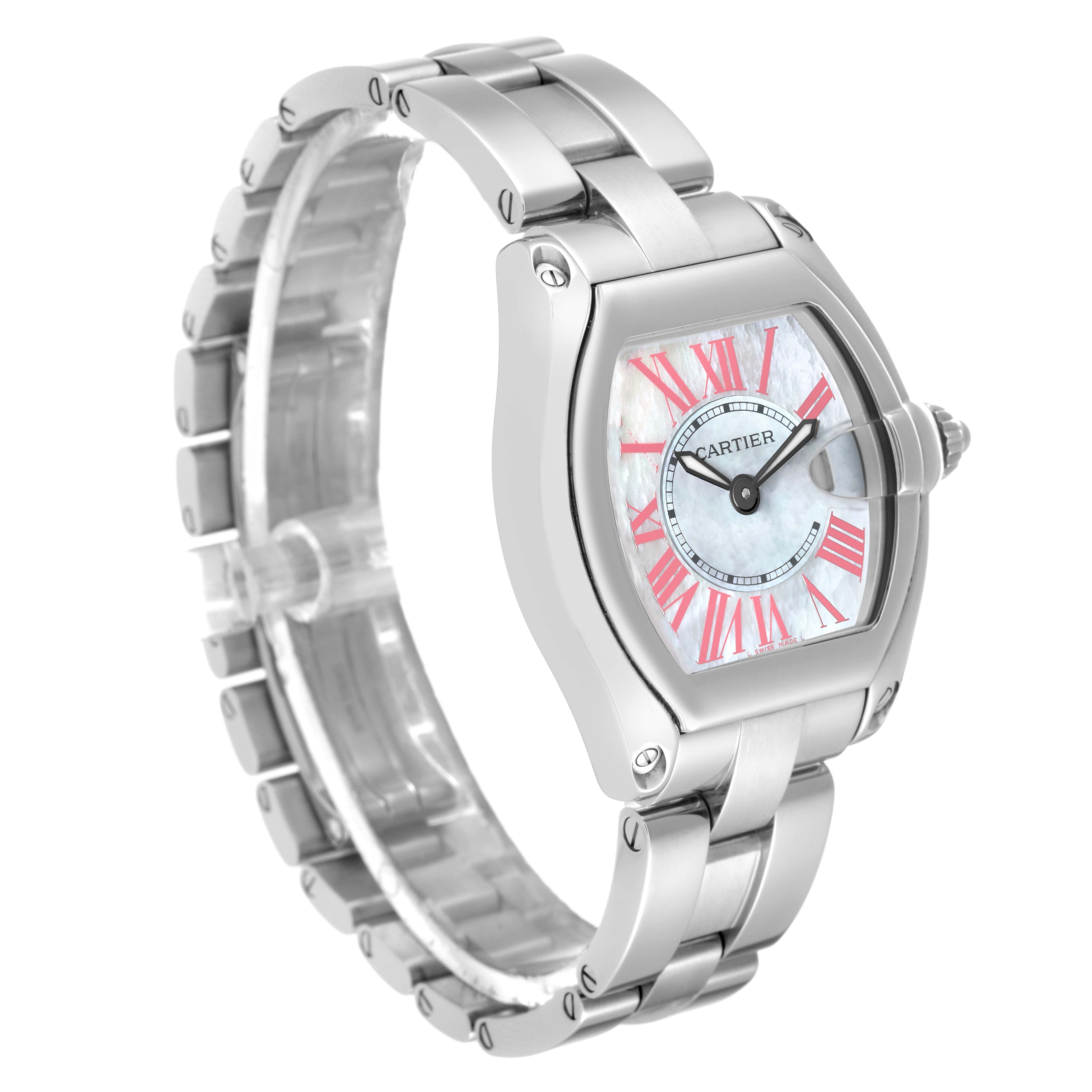 The image shows a Cartier Roadster W6206006 Women's Stainless Steel Mother of Pearl Dial W6206006 Women's Stainless Steel Mother of Pearl Dial watch from an oblique angle, highlighting the face, case, and bracelet.