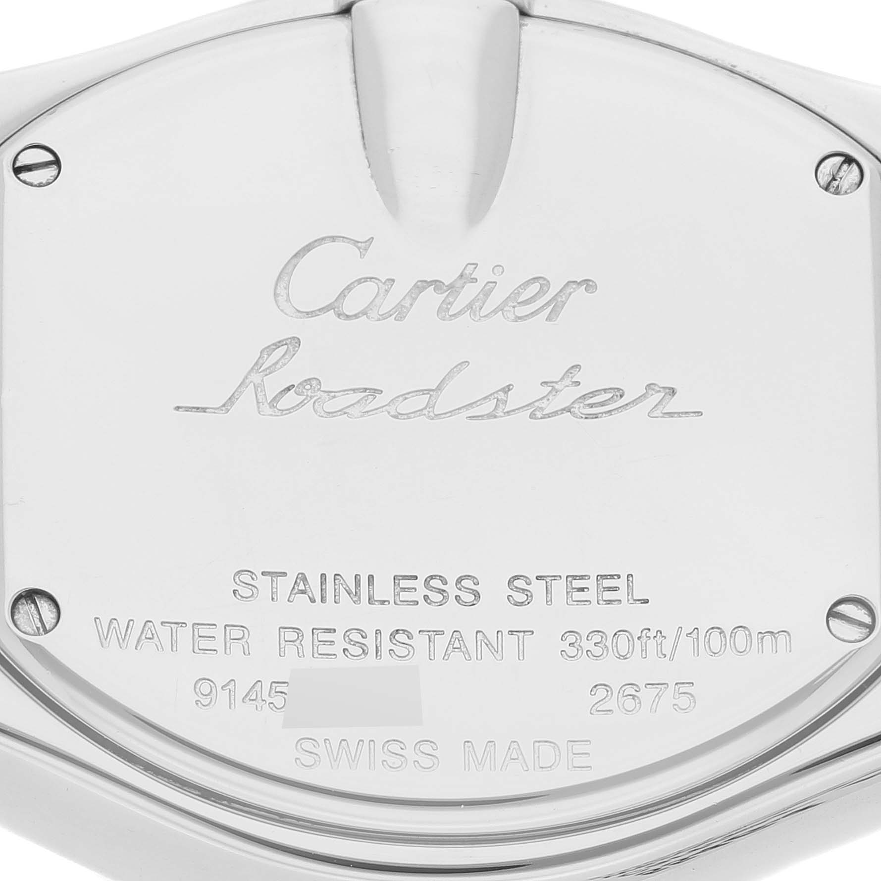 This image shows the stainless steel case back of the Cartier Roadster W6206006 Women's Stainless Steel Mother of Pearl Dial W6206006 Women's Stainless Steel Mother of Pearl Dial watch, highlighting water resistance and manufacturing details.