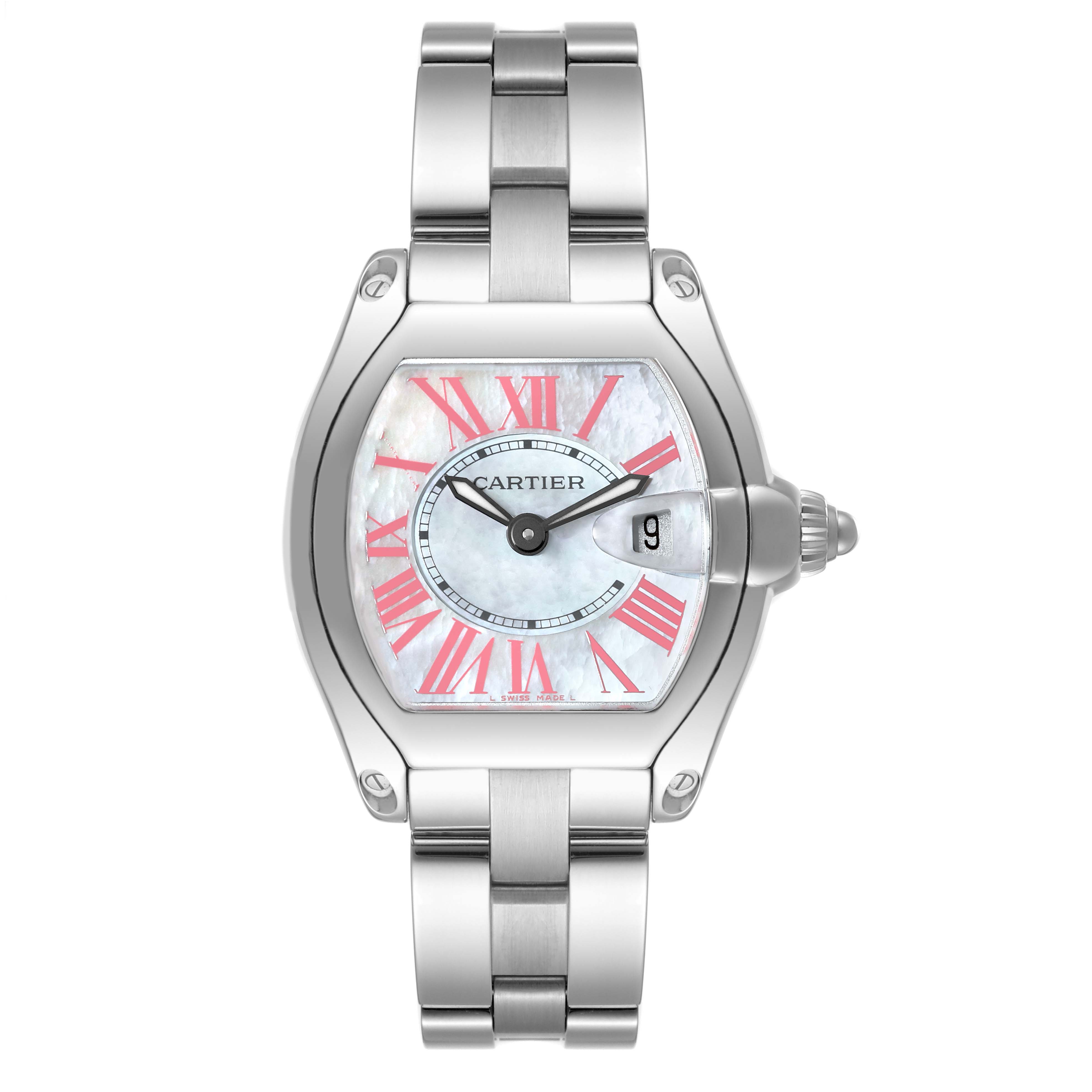 This image shows a front view of the Cartier Roadster W6206006 Women's Stainless Steel Mother of Pearl Dial W6206006 Women's Stainless Steel Mother of Pearl Dial watch, featuring a stainless steel bracelet, a date window, and pink Roman numeral hour markers.