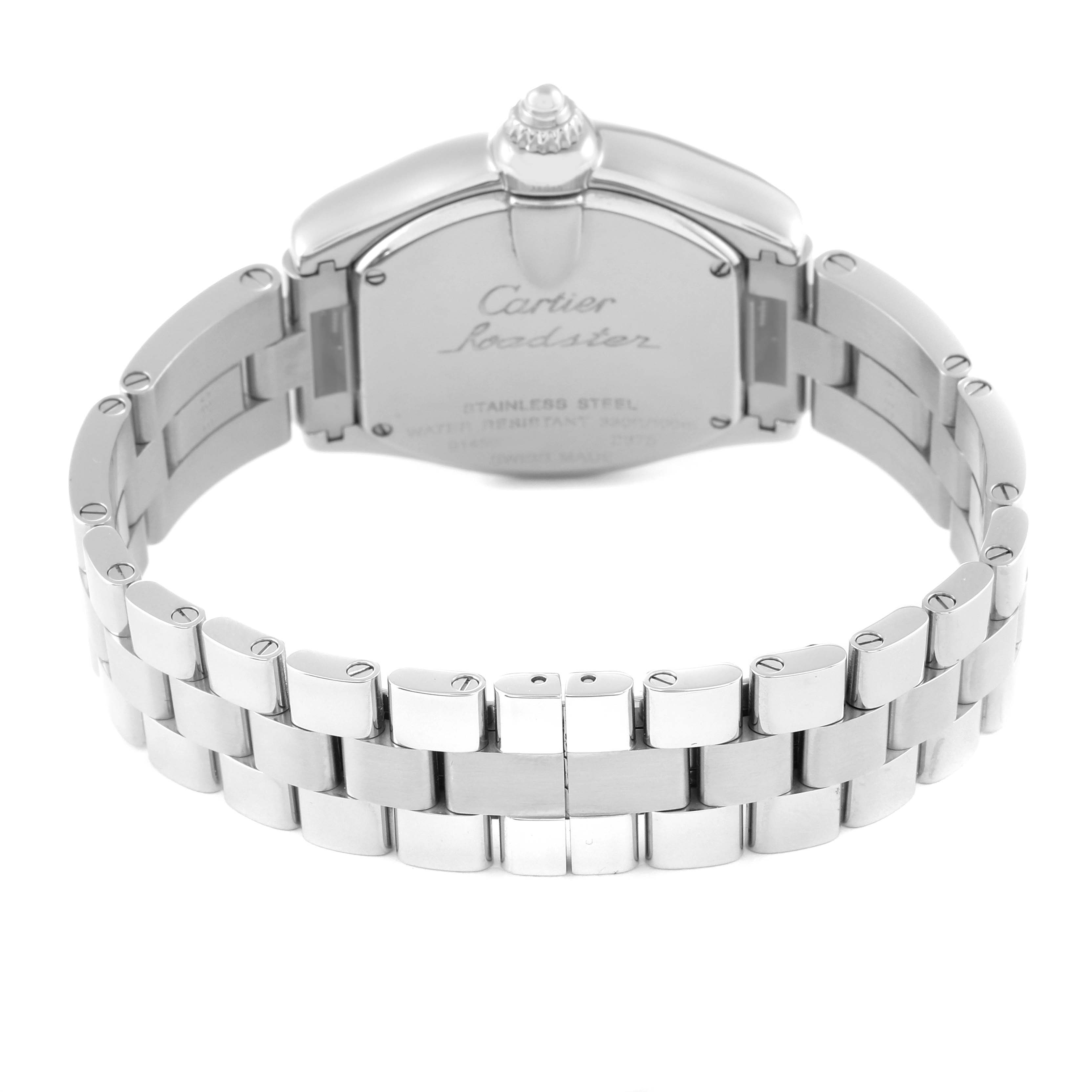 The image shows the back of the Cartier Roadster W6206006 Women's Stainless Steel Mother of Pearl Dial W6206006 Women's Stainless Steel Mother of Pearl Dial watch, focusing on the bracelet and case back.