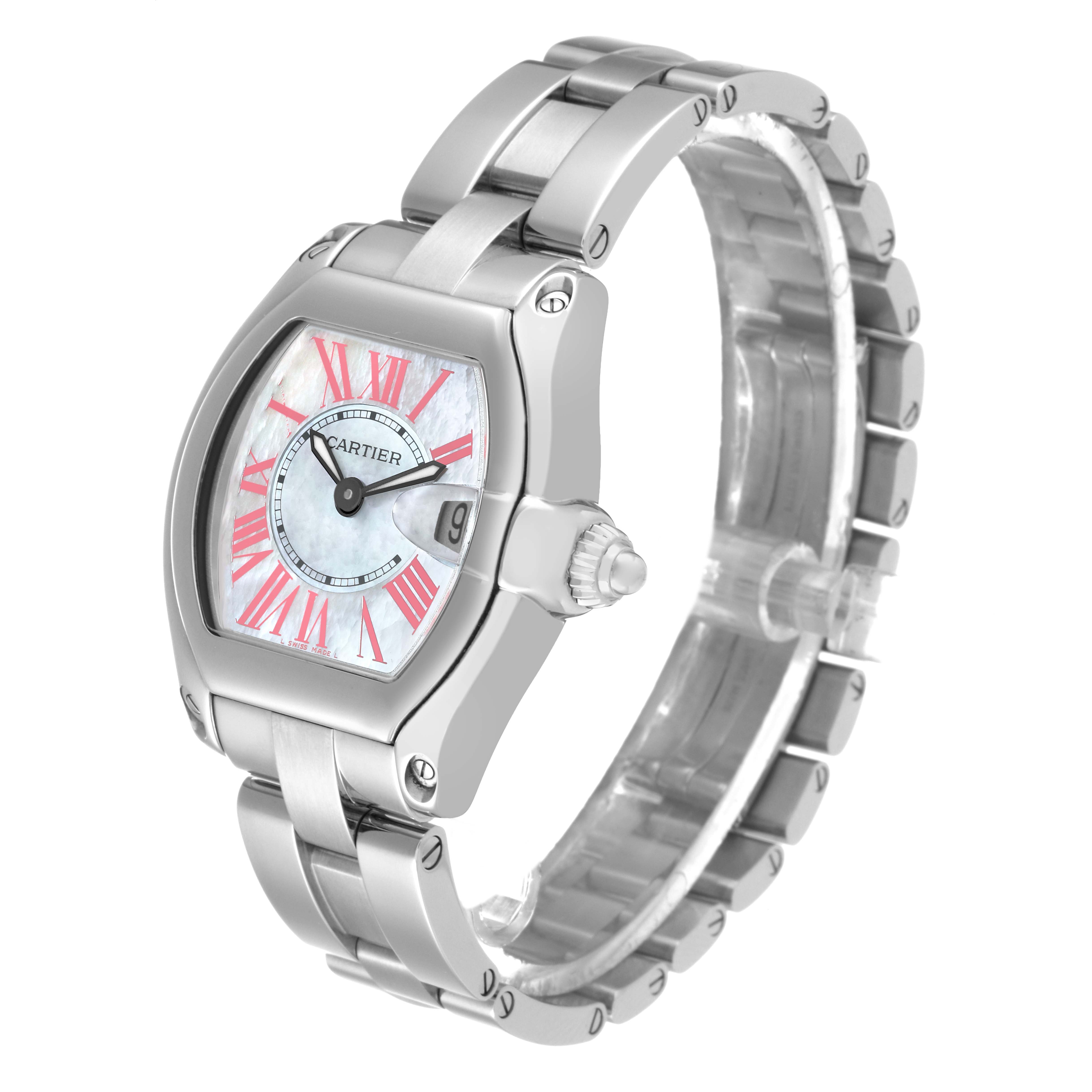 The image shows a Cartier Roadster W6206006 Women's Stainless Steel Mother of Pearl Dial W6206006 Women's Stainless Steel Mother of Pearl Dial watch angled to display its face, case, crown, and bracelet.