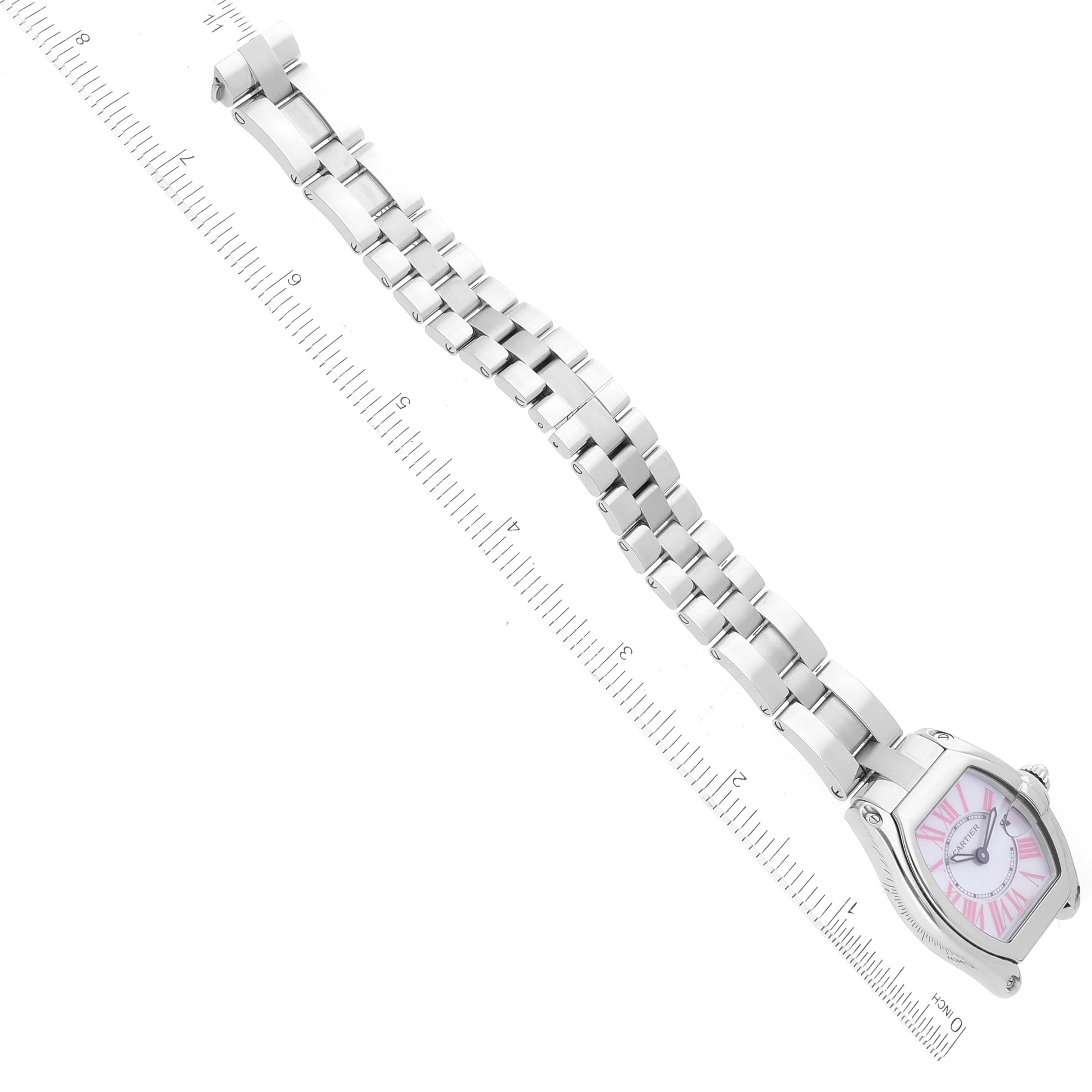 The image shows a Cartier Roadster W6206006 Women's Stainless Steel Mother of Pearl Dial W6206006 Women's Stainless Steel Mother of Pearl Dial watch laid flat with its bracelet aligned along a ruler for measurement.