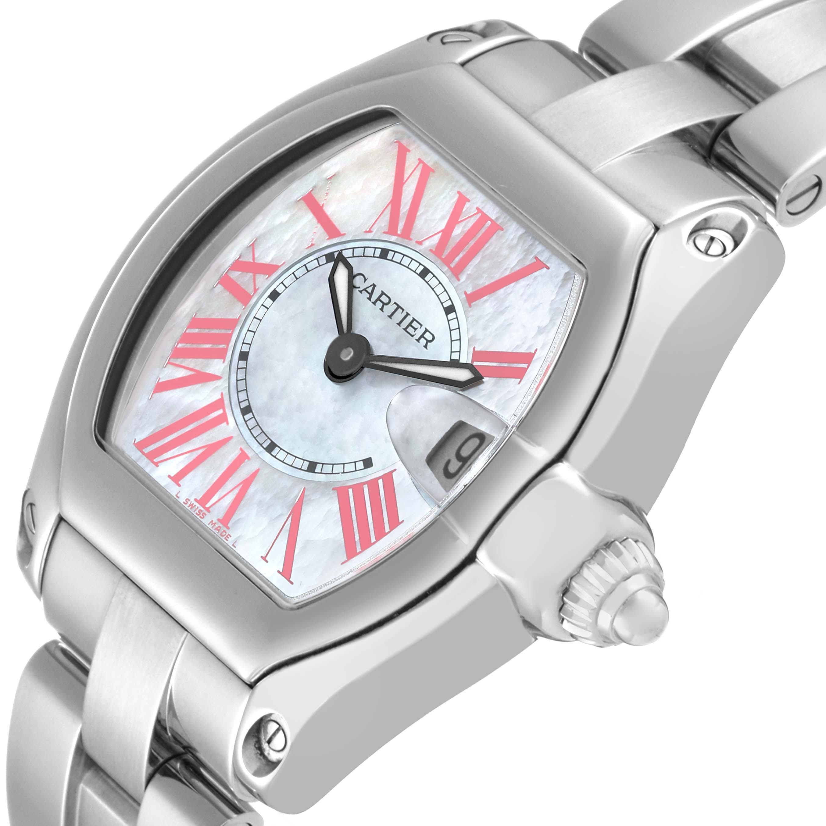The image shows the Cartier Roadster W6206006 Women's Stainless Steel Mother of Pearl Dial W6206006 Women's Stainless Steel Mother of Pearl Dial watch from a front angle, highlighting the dial, case, crown, and part of the bracelet.