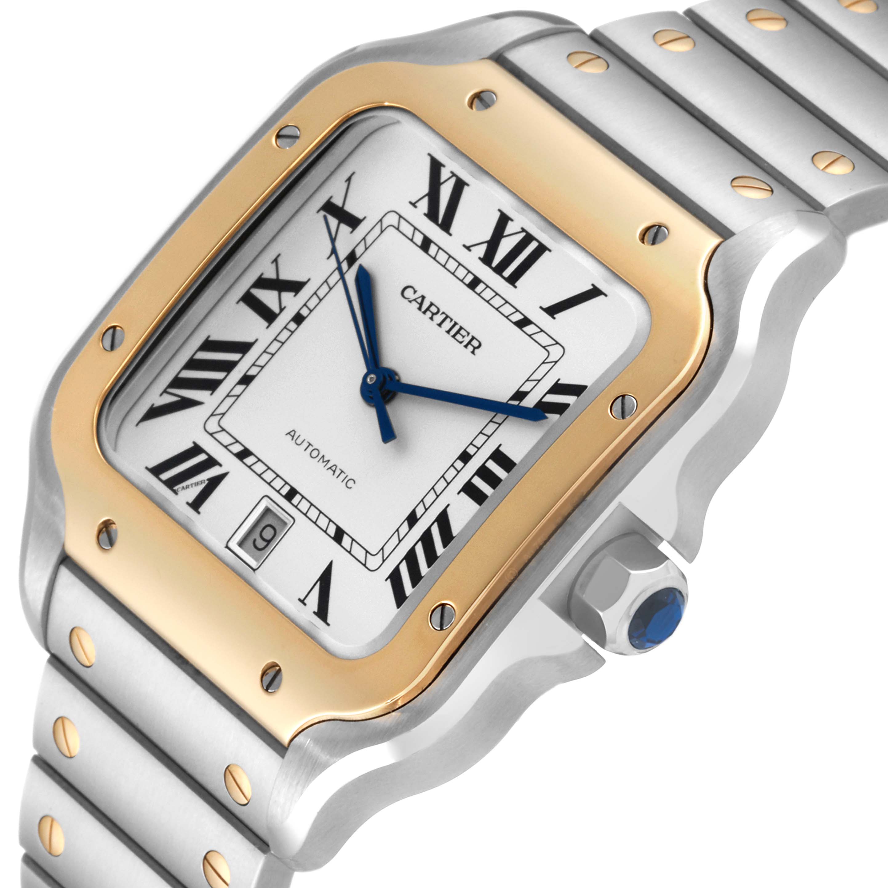 The image shows a close-up of the Cartier Santos W2SA0009 Men
s Stainless Steel Silver Dial W2SA0009 Men
s Stainless Steel Silver Dial model watch, focusing on the dial, bezel, crown, and part of the bracelet.