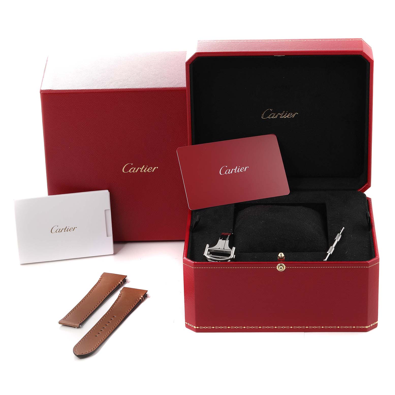 The image shows a Cartier Santos W2SA0009 Men
s Stainless Steel Silver Dial W2SA0009 Men
s Stainless Steel Silver Dial watch box set with extra brown leather straps, warranty card, and packaging accessories.