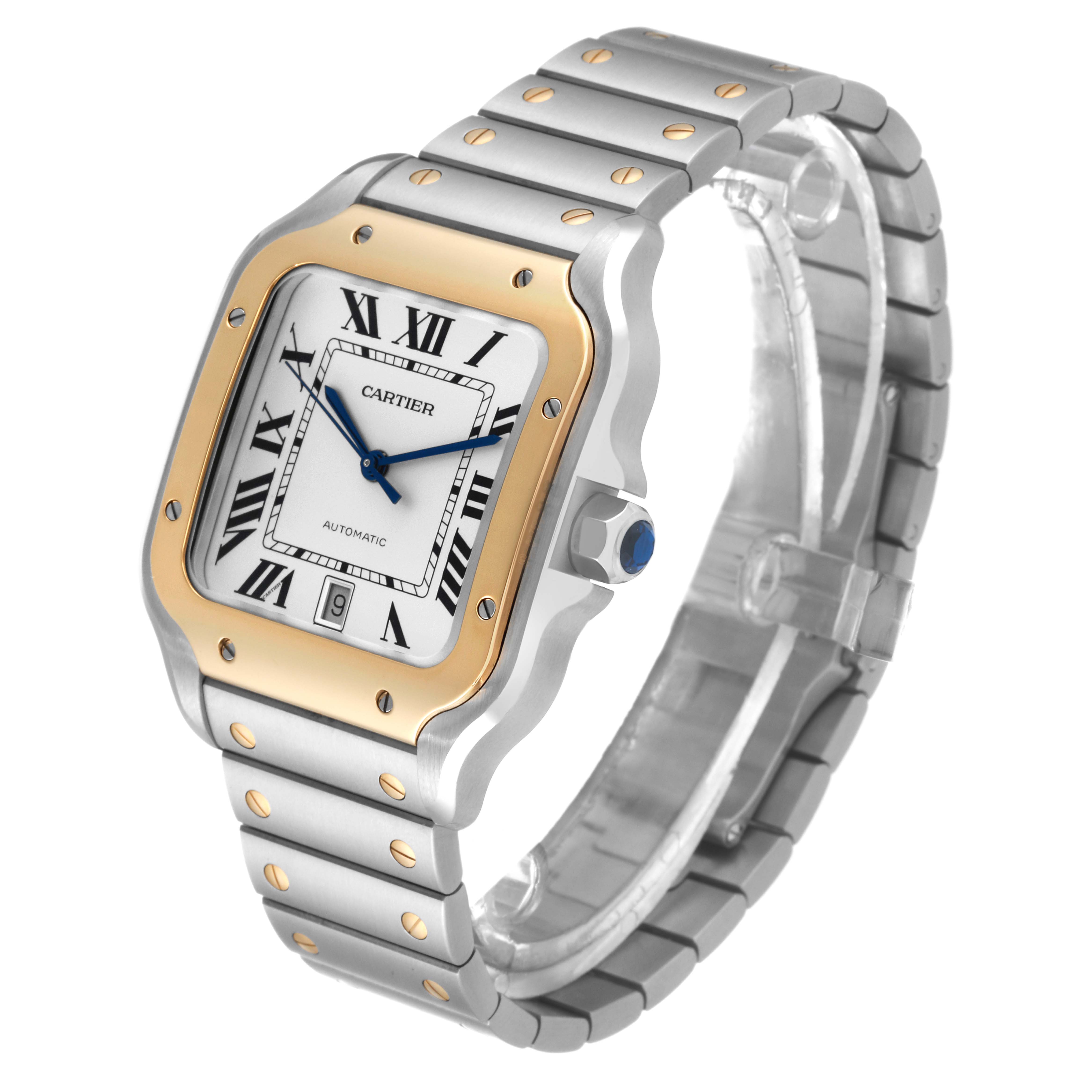 This image shows a three-quarter view of a Santos by Cartier watch, highlighting the face, bezel, crown, and metal bracelet.