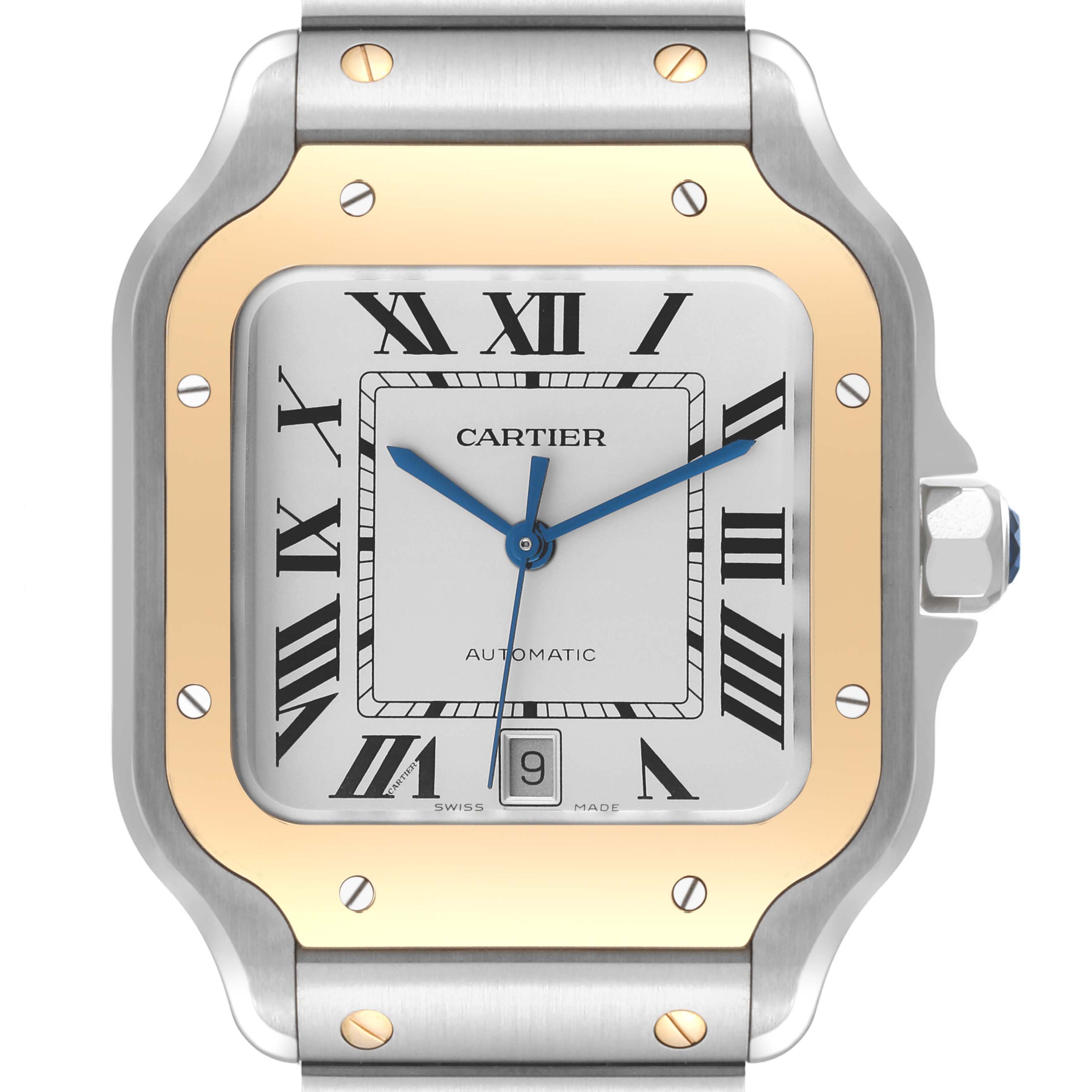 This image shows a frontal view of a Cartier Santos W2SA0009 Men
s Stainless Steel Silver Dial W2SA0009 Men
s Stainless Steel Silver Dial watch, highlighting the face, bezel, and part of the bracelet.
