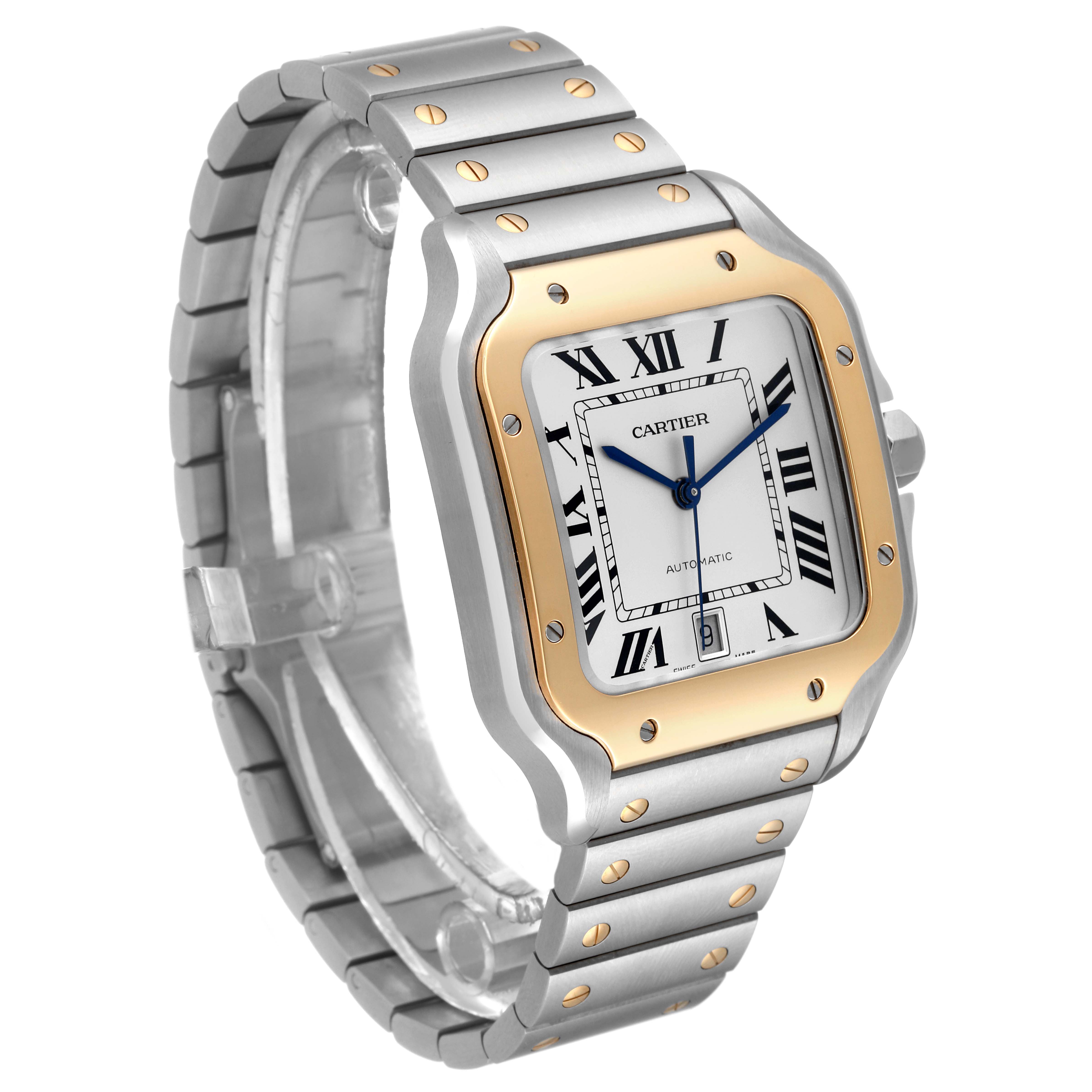 This image shows a Cartier Santos W2SA0009 Men
s Stainless Steel Silver Dial W2SA0009 Men
s Stainless Steel Silver Dial watch with a silver and gold case and a metal bracelet, angled from the top left.