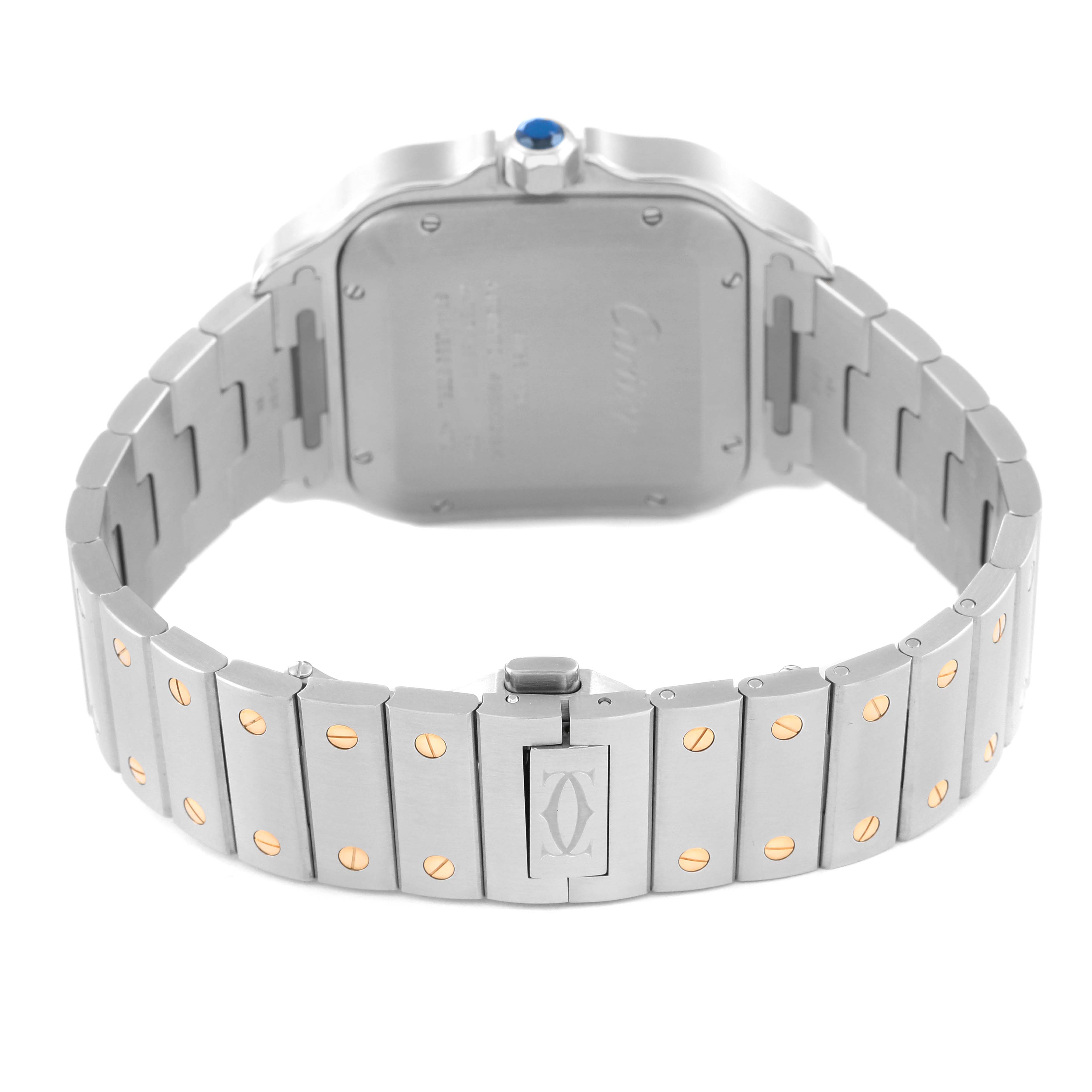 The image shows the back view of the Santos model watch by Cartier, featuring its stainless steel bracelet and clasp.