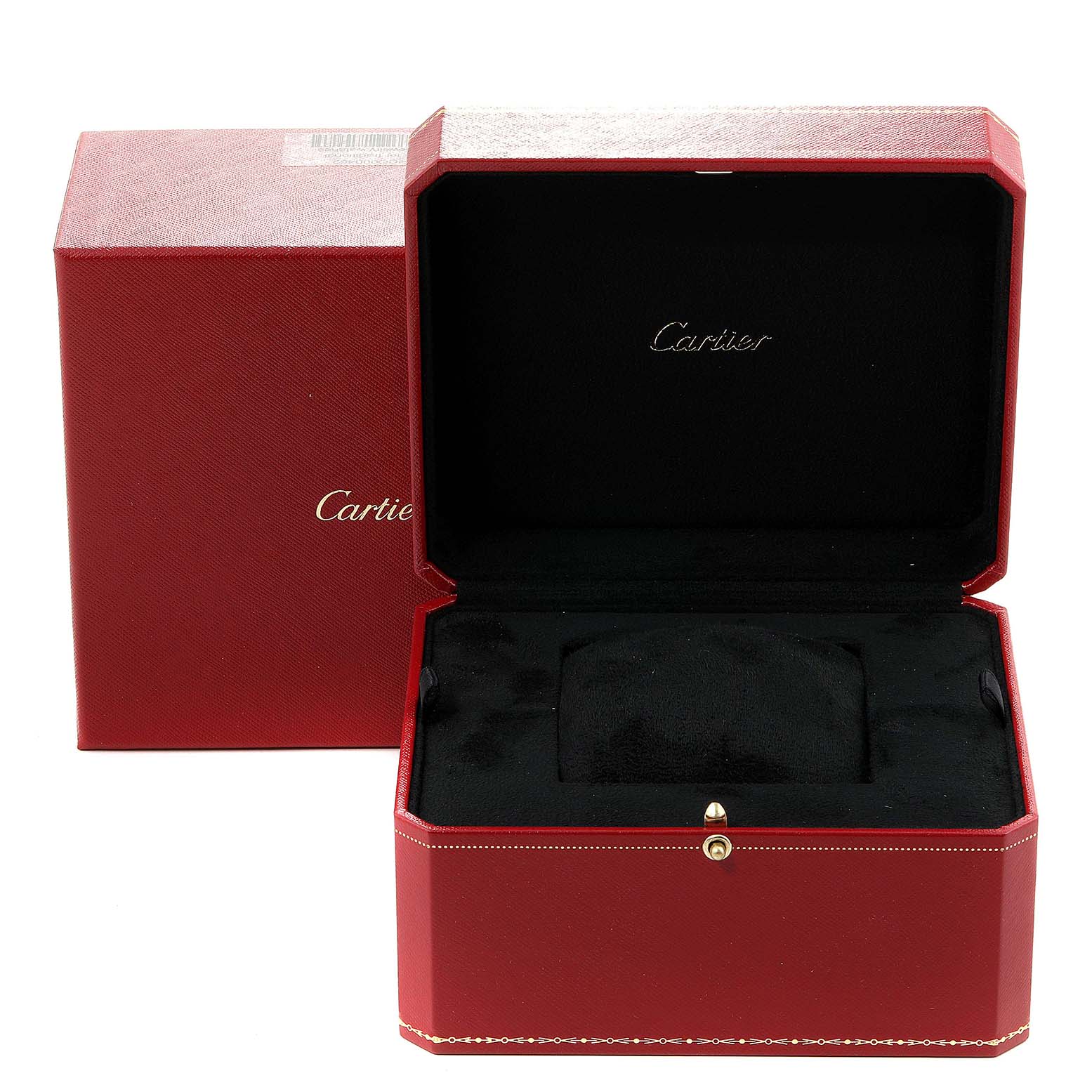 The image shows the open and closed red presentation box for the Cartier Tank Américaine watch model.