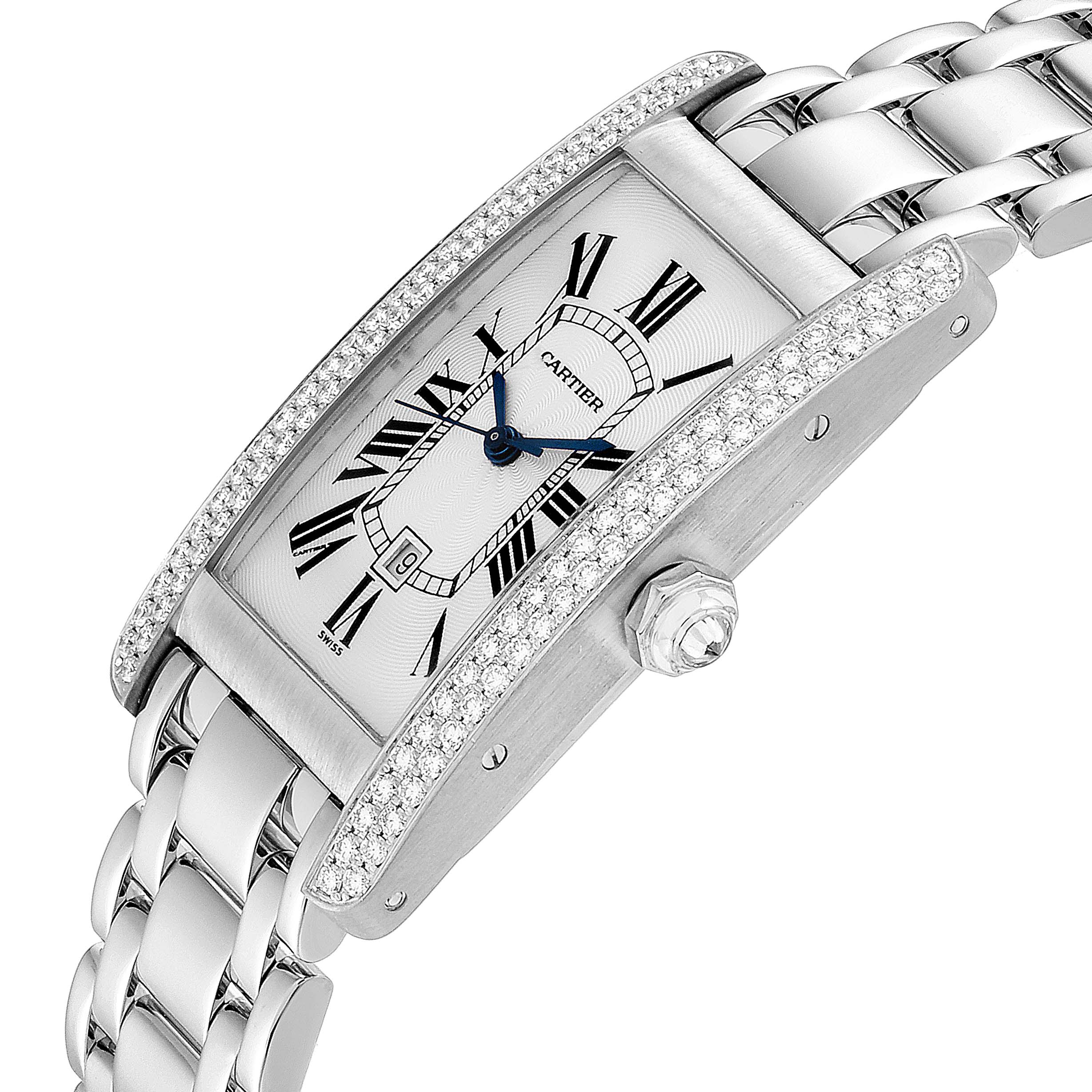 The image shows a close-up, angled view of the Cartier Tank Americaine 1726 Women's White Gold Silver Dial 1726 Women's White Gold Silver Dial watch, highlighting its diamond-studded bezel and silver bracelet.