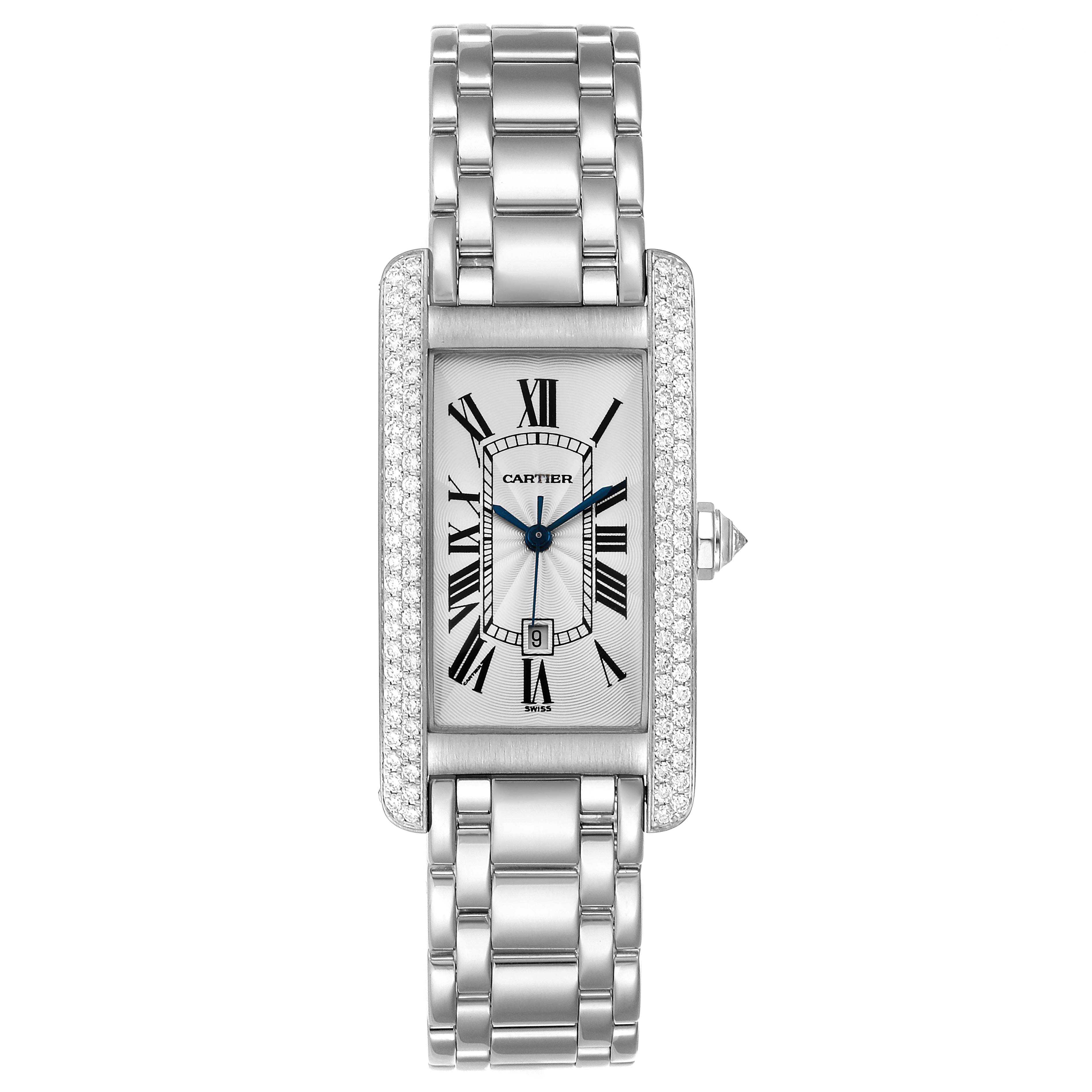 The image shows a front view of the Tank Americaine model watch by Cartier, displaying the face, bracelet, and bezel.