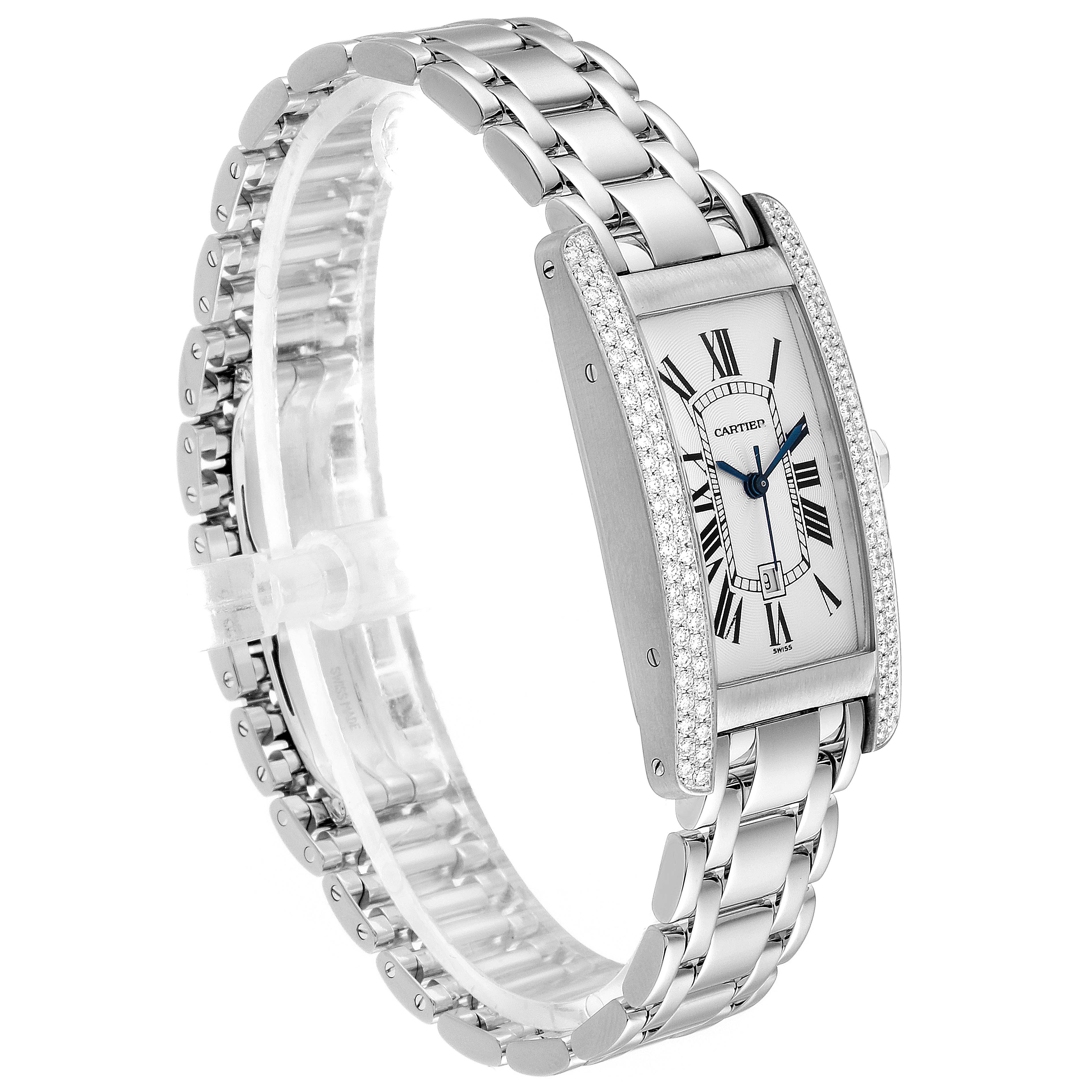 The Cartier Tank Americaine 1726 Women's White Gold Silver Dial 1726 Women's White Gold Silver Dial watch is shown at an angle highlighting its dial, case, bracelet, and side view.