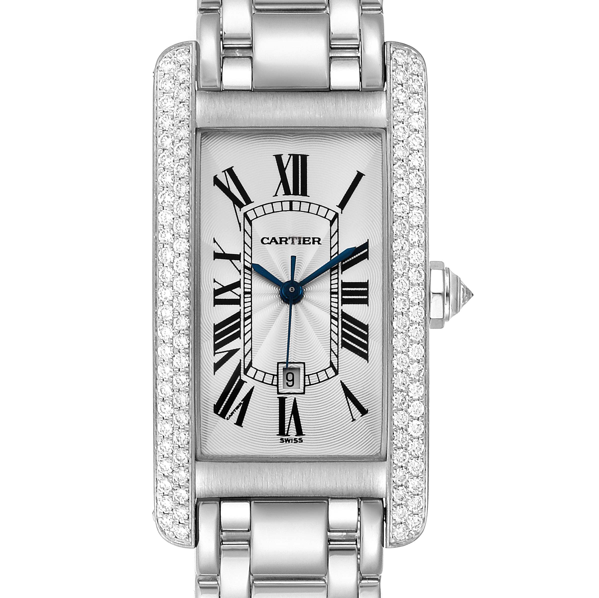 The image shows the Cartier Tank Americaine 1726 Women's White Gold Silver Dial 1726 Women's White Gold Silver Dial watch from a top-down angle, highlighting its face, case, and part of its bracelet.