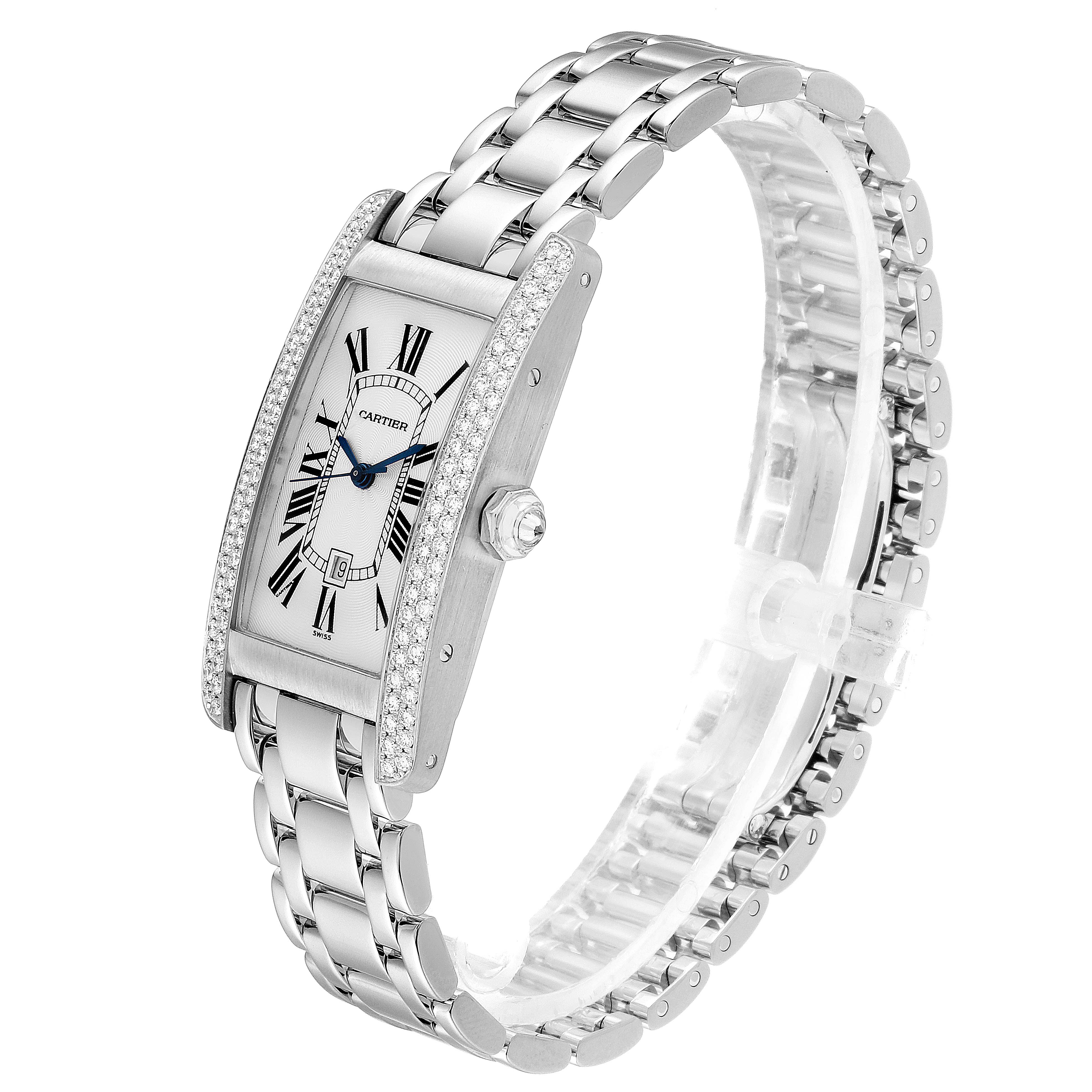 The Cartier Tank Americaine 1726 Women's White Gold Silver Dial 1726 Women's White Gold Silver Dial watch is shown at a front angled view, displaying its rectangular face, bracelet, and crown.