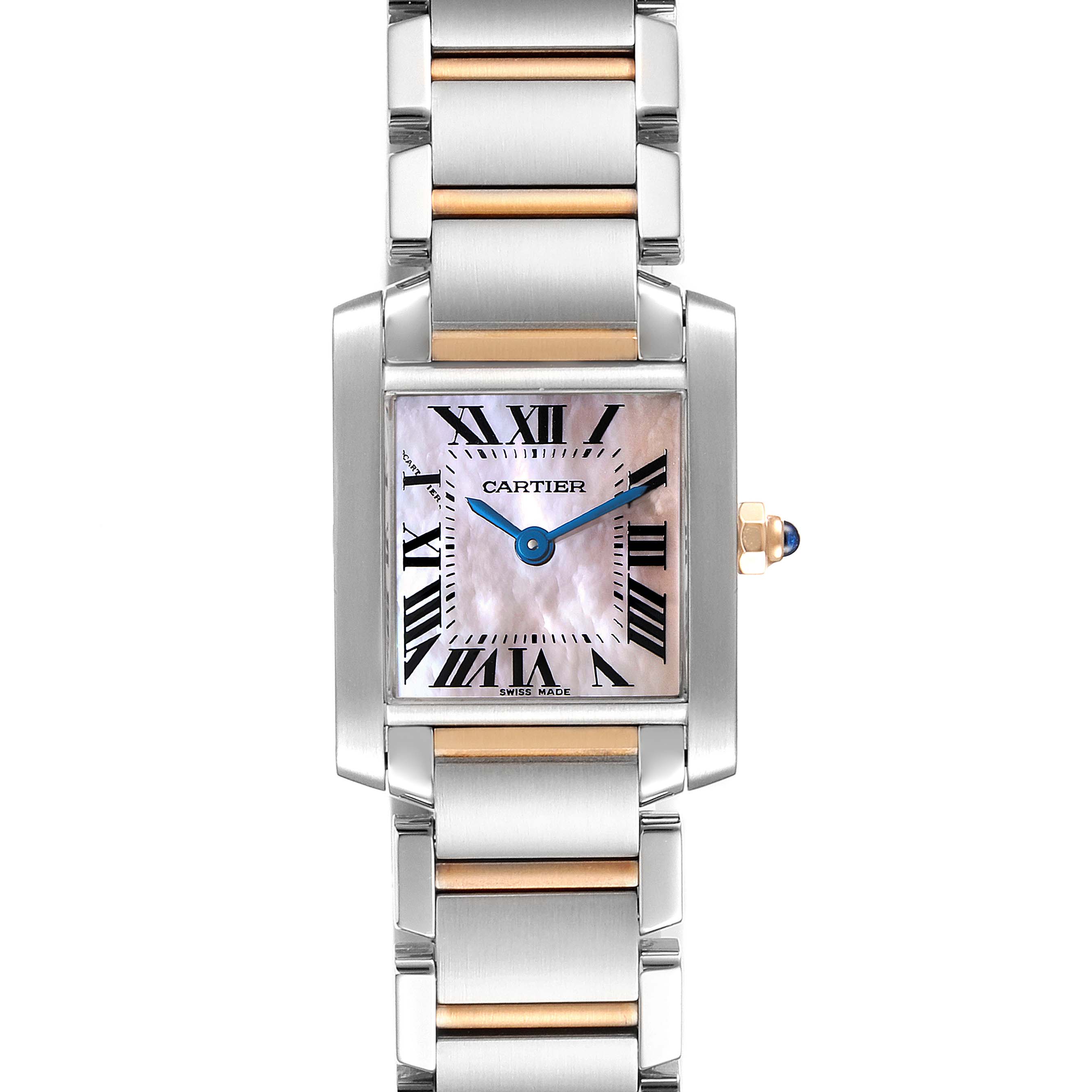 The image shows a front view of the Cartier Tank Francaise W51027Q4 Women's Steel and Gold (two tone) Mother of Pearl Dial W51027Q4 Women's Steel and Gold (two tone) Mother of Pearl Dial watch, displaying its rectangular face, Roman numerals, and metal band.