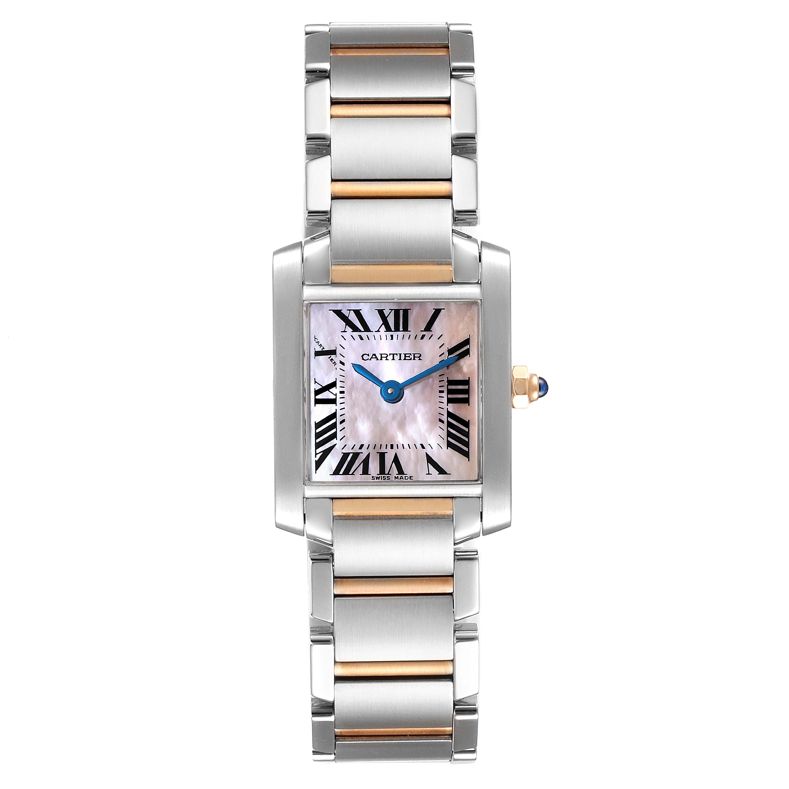 The image shows a front view of the Cartier Tank Francaise W51027Q4 Women's Steel and Gold (two tone) Mother of Pearl Dial W51027Q4 Women's Steel and Gold (two tone) Mother of Pearl Dial watch, highlighting its rectangular face, metal strap, and Roman numeral markers.