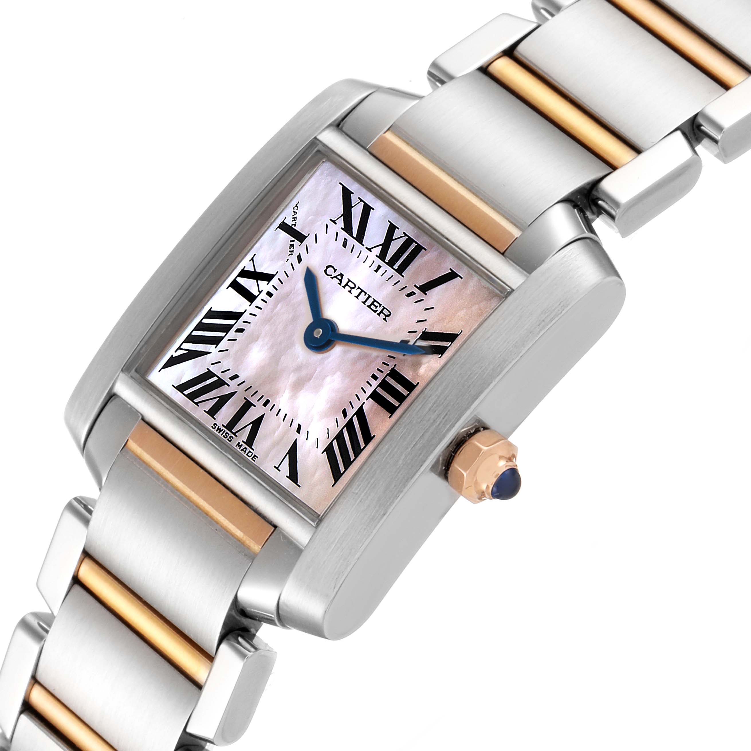 This image shows a close-up of the face and part of the bracelet of the Cartier Tank Francaise W51027Q4 Women's Steel and Gold (two tone) Mother of Pearl Dial W51027Q4 Women's Steel and Gold (two tone) Mother of Pearl Dial watch at a slight angle.