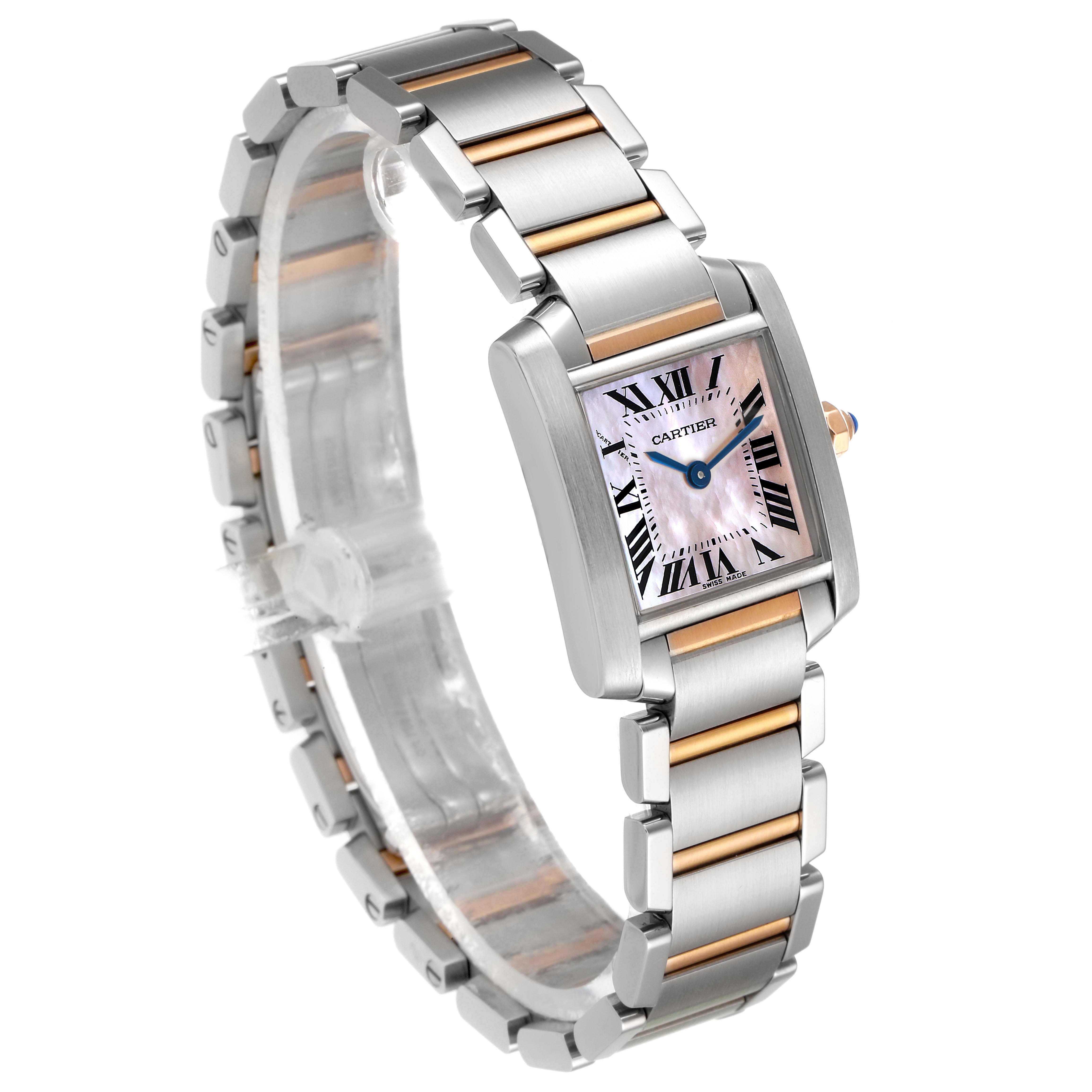 The image shows a Cartier Tank Francaise W51027Q4 Women's Steel and Gold (two tone) Mother of Pearl Dial W51027Q4 Women's Steel and Gold (two tone) Mother of Pearl Dial watch at a slight angle, highlighting its rectangular face and two-tone metal bracelet.