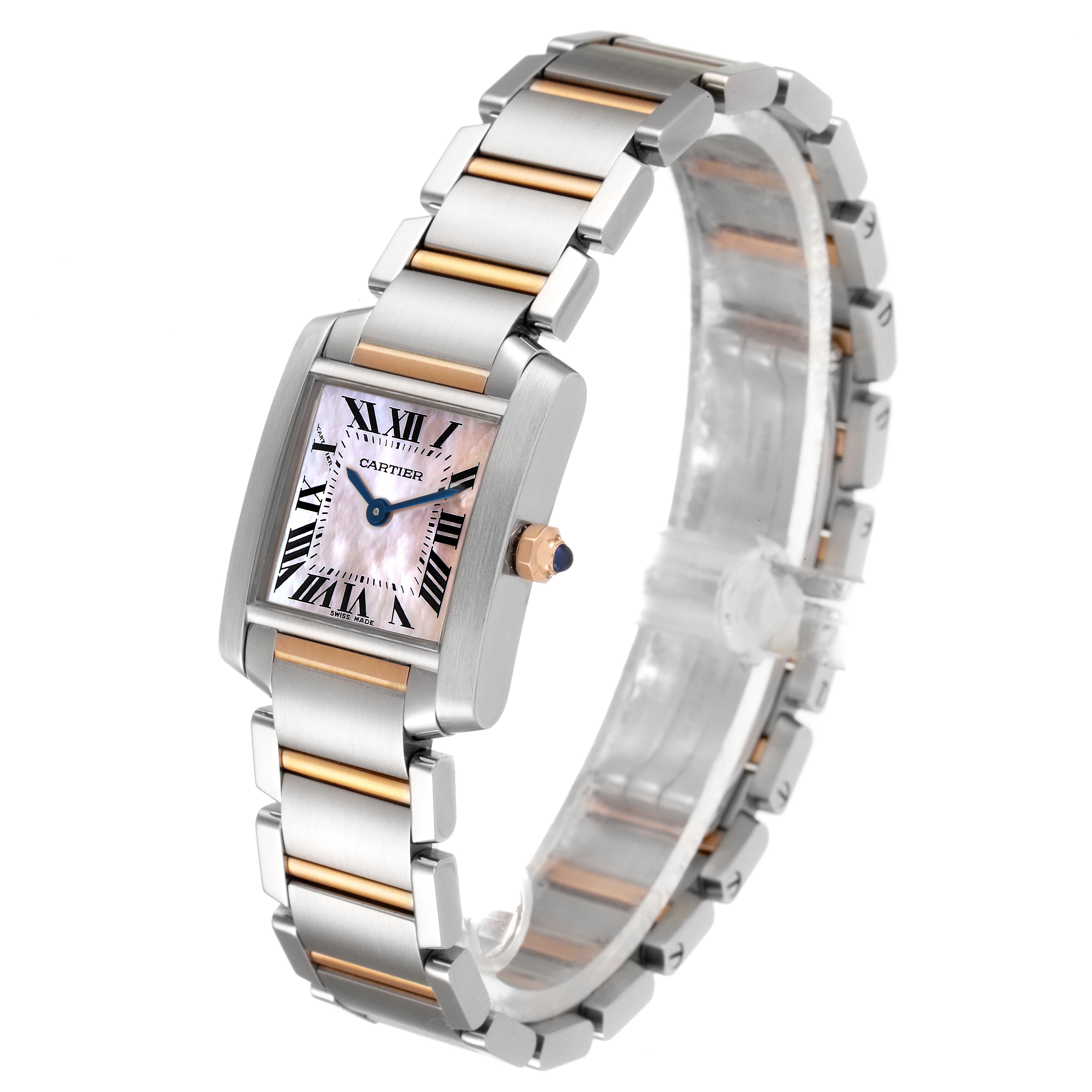 The Tank Francaise by Cartier is shown at a three-quarter angle, highlighting its mother-of-pearl dial and two-tone metal bracelet.