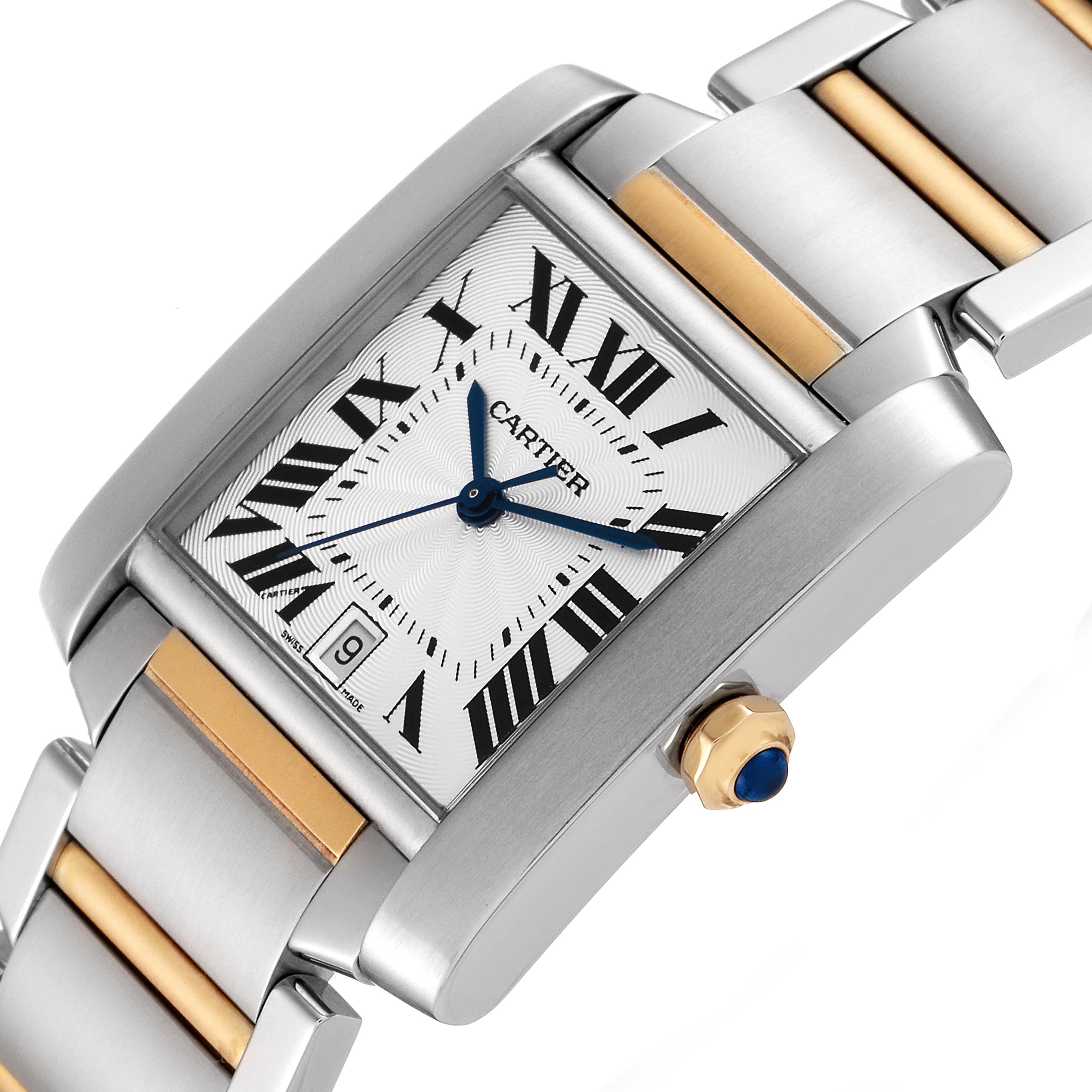 The image shows a close-up angle of the dial and part of the bracelet of the Cartier Tank Francaise W51005Q4 Men's Steel and Gold (two tone) Silver Dial W51005Q4 Men's Steel and Gold (two tone) Silver Dial watch.