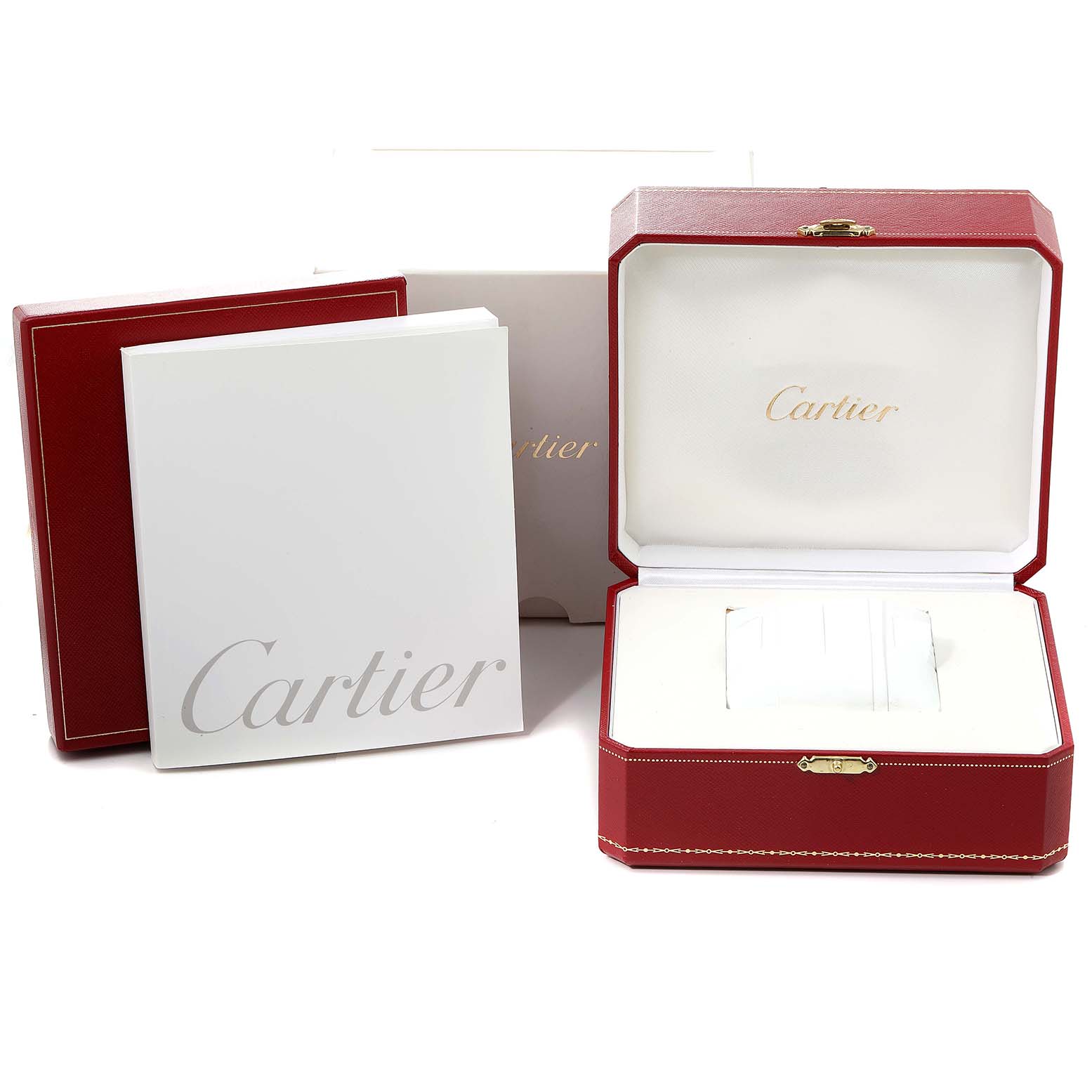 The image shows an open red Cartier box and paperwork for the Tank Française model watch at a frontal angle.