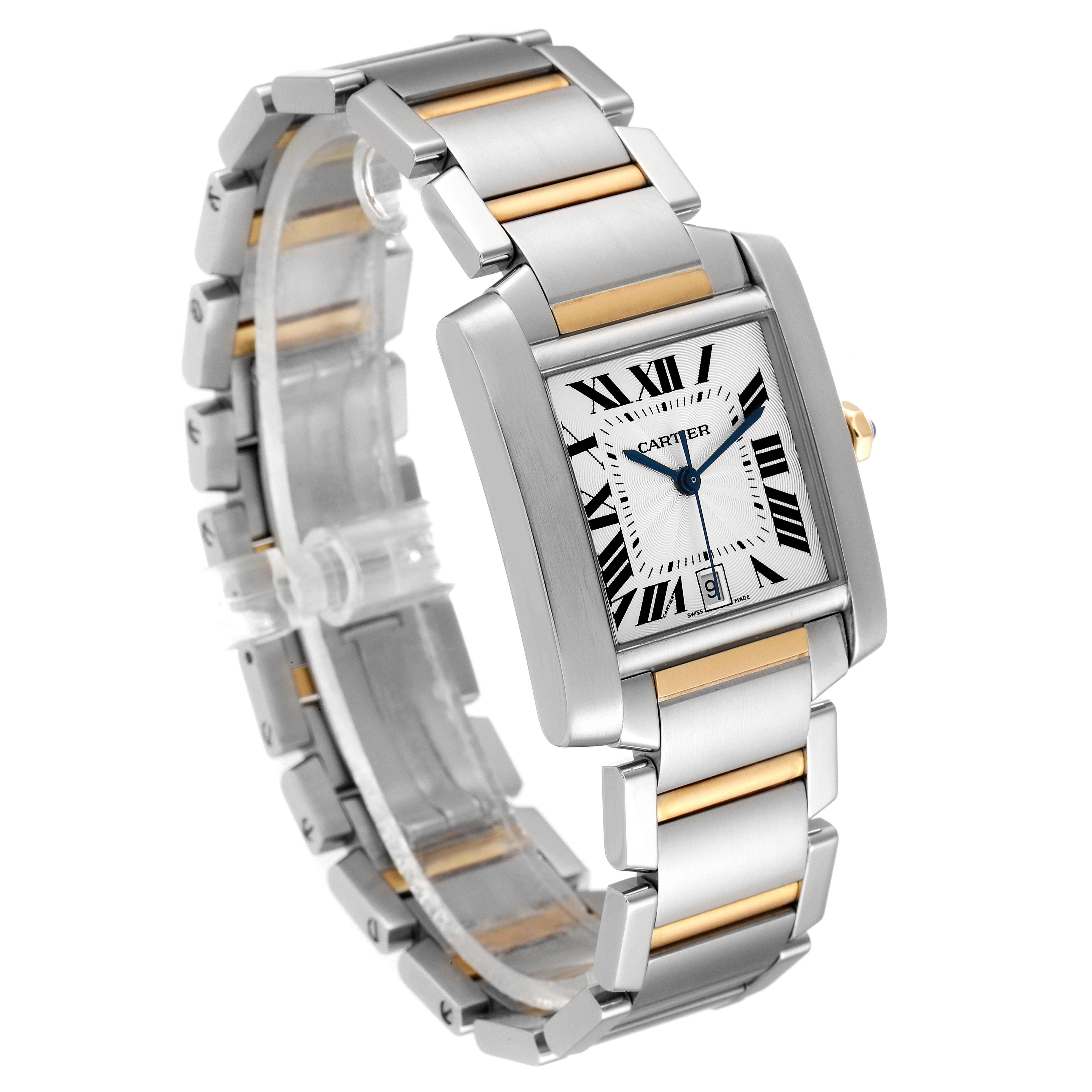 The Cartier Tank Francaise W51005Q4 Men's Steel and Gold (two tone) Silver Dial W51005Q4 Men's Steel and Gold (two tone) Silver Dial watch is shown at a slight angle, highlighting the rectangular face and two-tone metal bracelet.