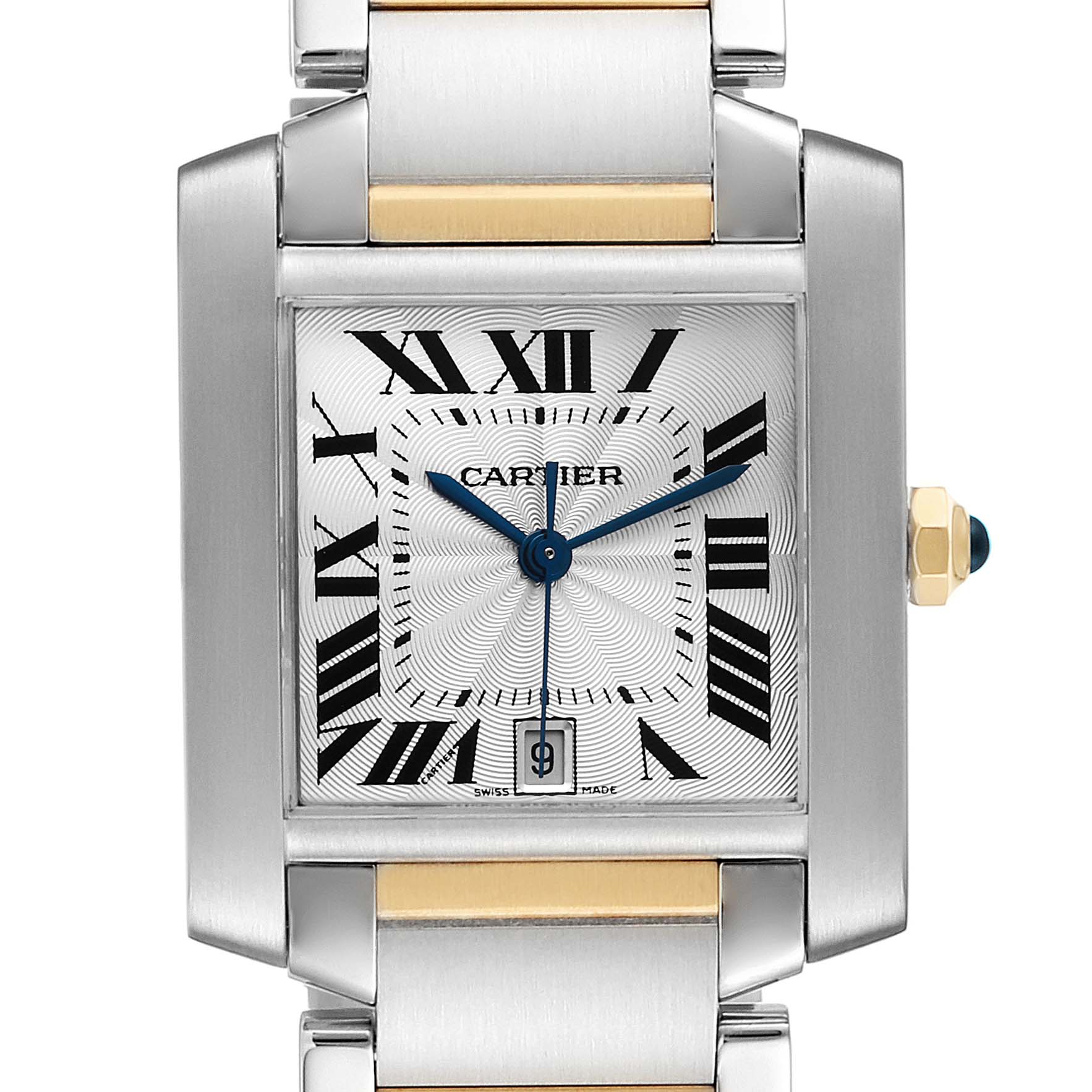 The image shows the face and bracelet of a Cartier Tank Francaise W51005Q4 Men's Steel and Gold (two tone) Silver Dial W51005Q4 Men's Steel and Gold (two tone) Silver Dial watch, featuring Roman numerals and a date window.
