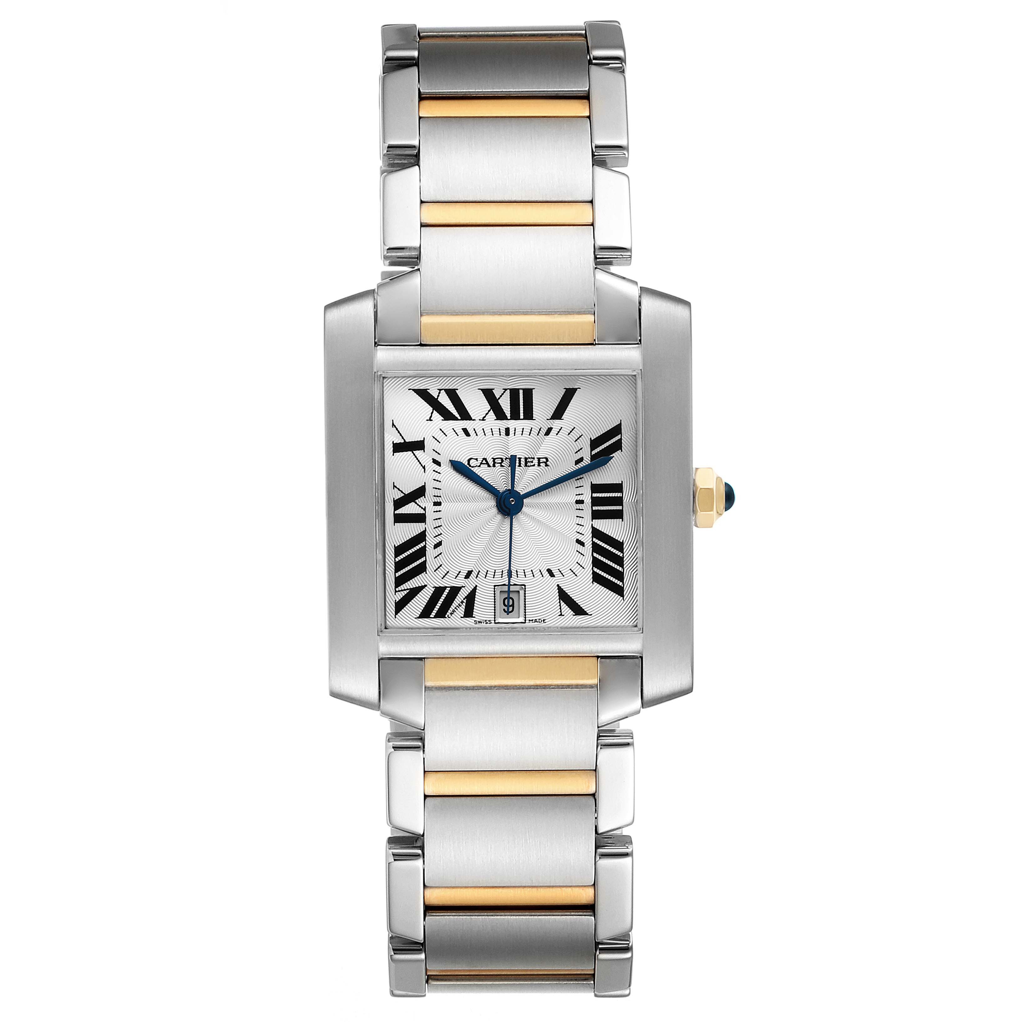 The image shows a Cartier Tank Francaise W51005Q4 Men's Steel and Gold (two tone) Silver Dial W51005Q4 Men's Steel and Gold (two tone) Silver Dial model watch, captured from a front angle, highlighting its face and two-tone metal strap.