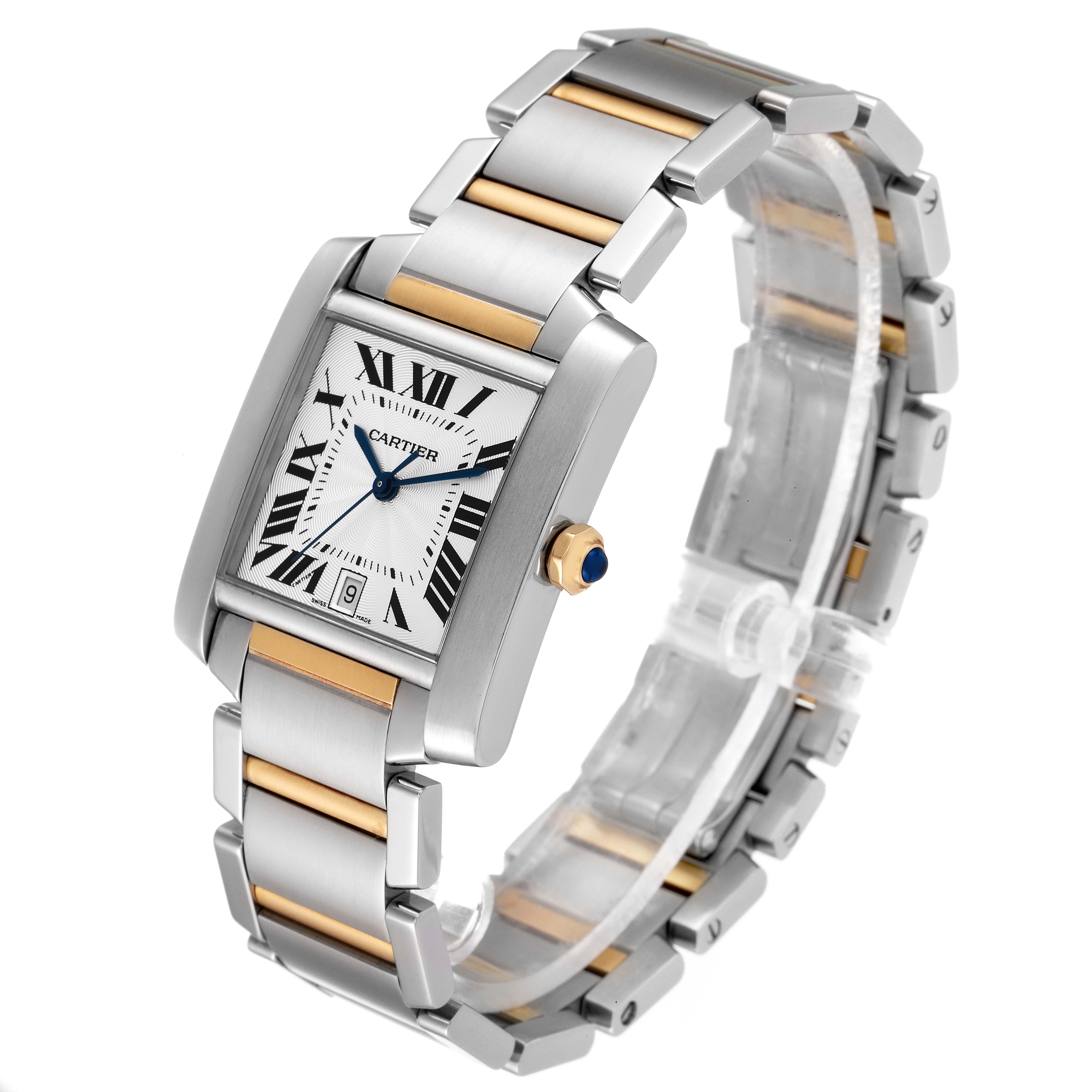 The Cartier Tank Francaise W51005Q4 Men's Steel and Gold (two tone) Silver Dial W51005Q4 Men's Steel and Gold (two tone) Silver Dial watch is shown at a slight angle displaying the face, bracelet, and crown with blue gemstone.