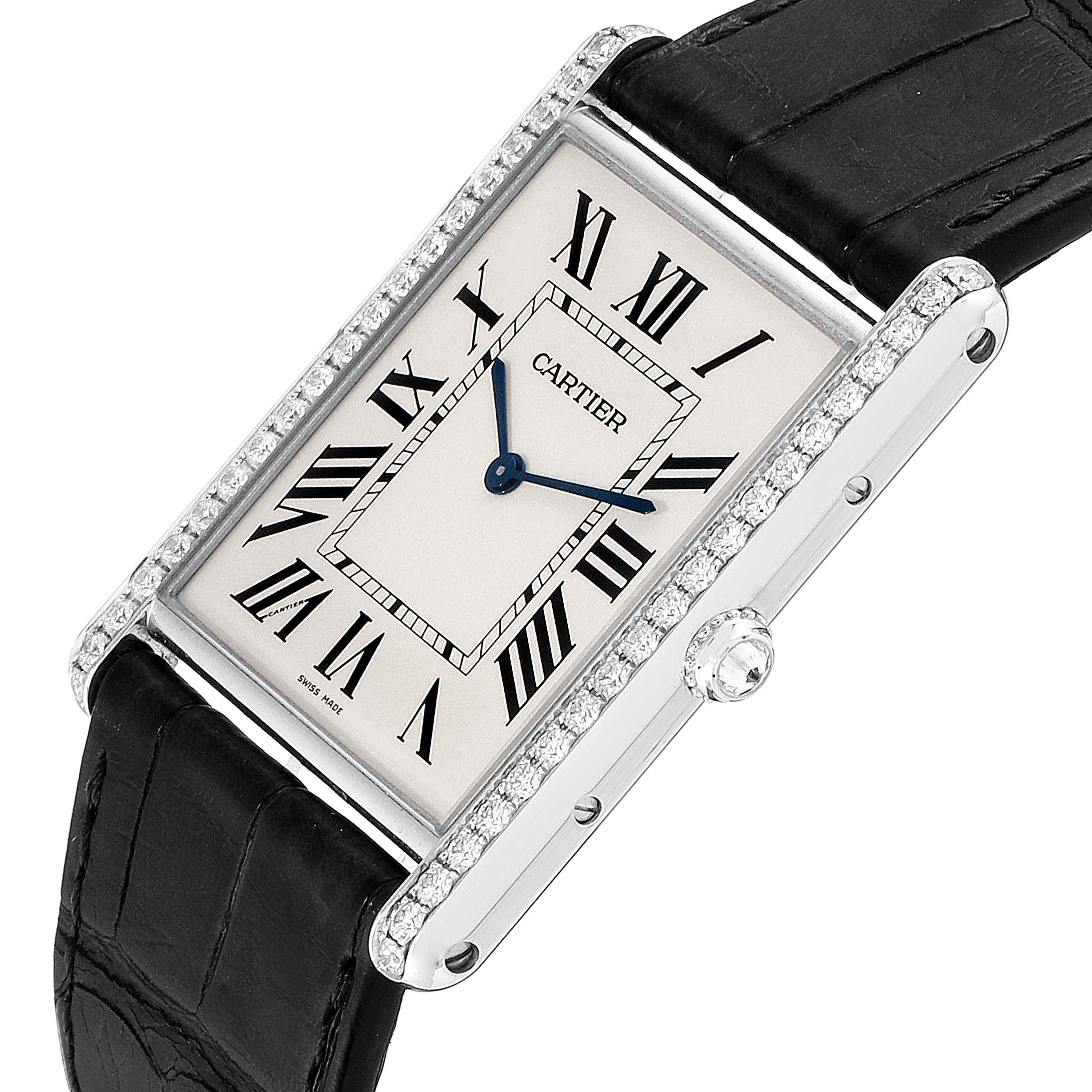 The image shows a Cartier Tank Louis WT200006 Men's White Gold Silver Dial WT200006 Men's White Gold Silver Dial watch at a slight angle, highlighting its rectangular face, black strap, and diamond-set bezel.