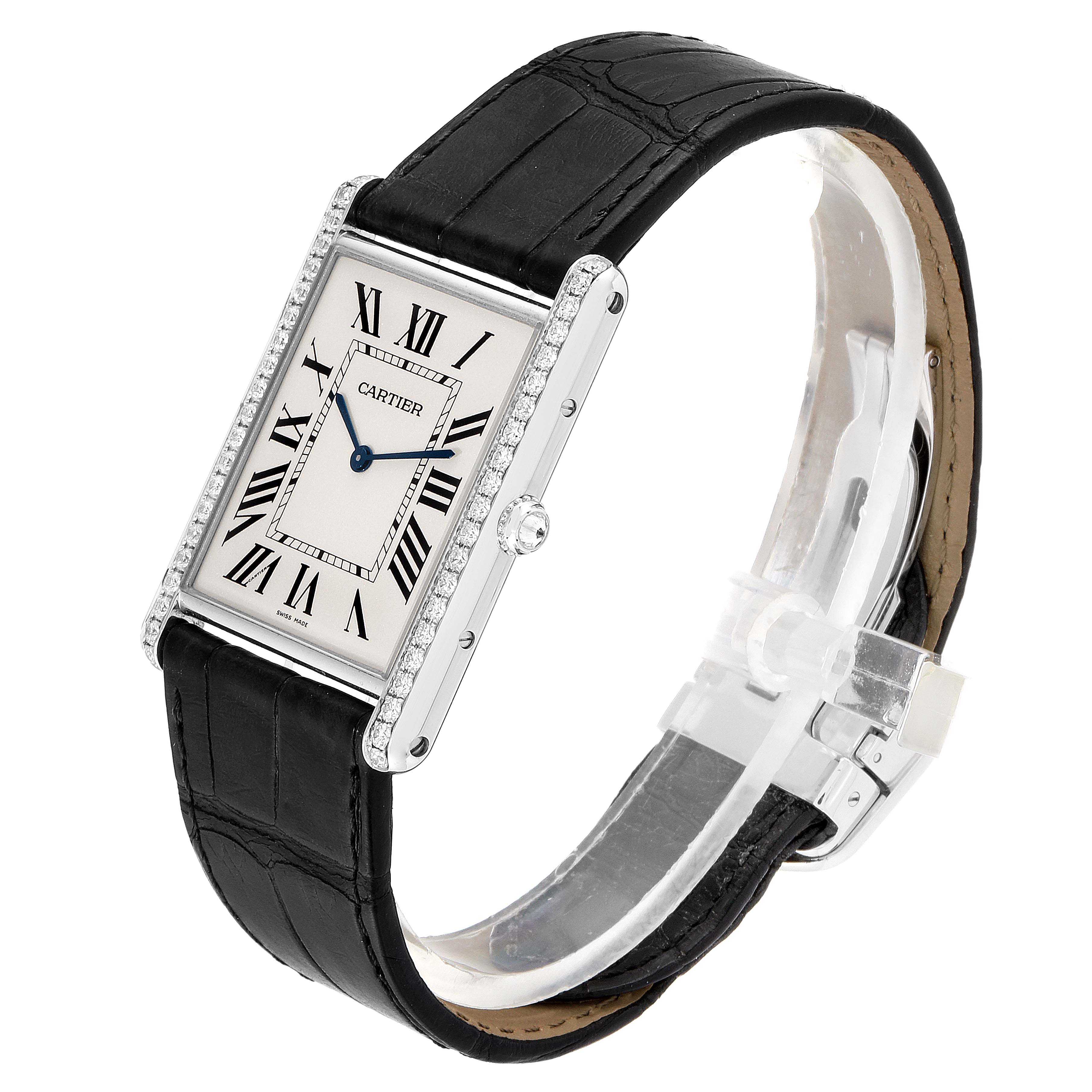 The image shows a side angle of a Cartier Tank Louis WT200006 Men's White Gold Silver Dial WT200006 Men's White Gold Silver Dial watch, featuring a black leather strap, rectangular dial, and blued steel hands.