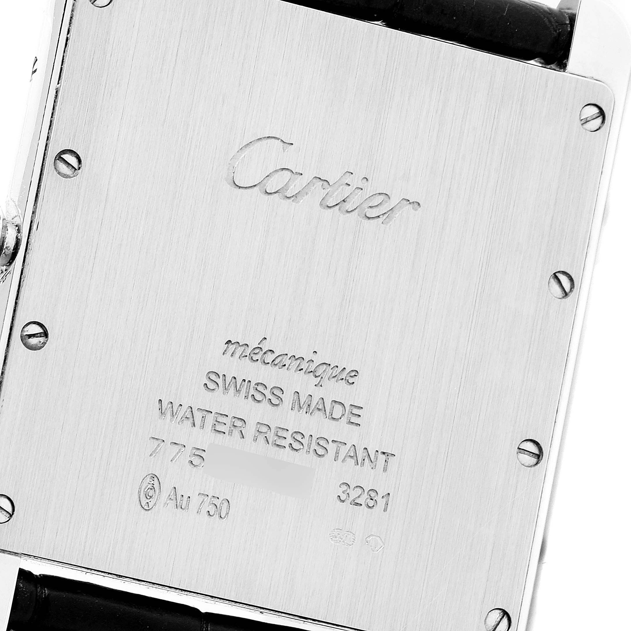This is the back view of the Cartier Tank Louis WT200006 Men's White Gold Silver Dial WT200006 Men's White Gold Silver Dial watch showing the engraved details and screws.