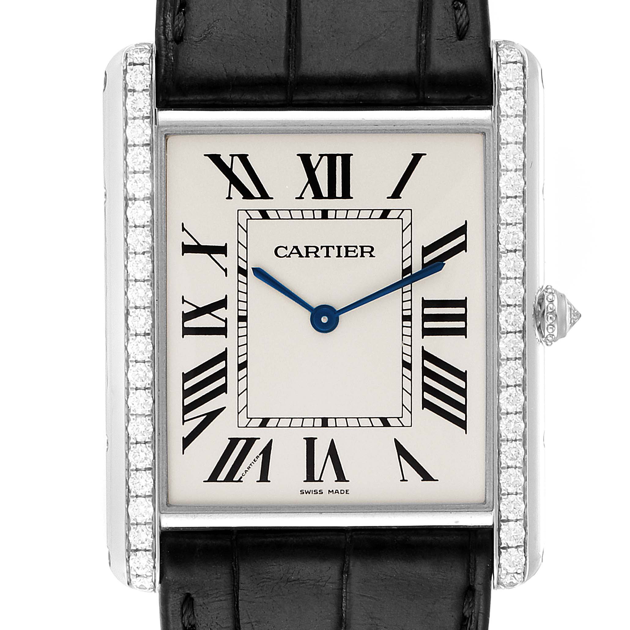 This image shows a front view of the Cartier Tank Louis WT200006 Men's White Gold Silver Dial WT200006 Men's White Gold Silver Dial watch, featuring its rectangular face, Roman numerals, and black leather strap.