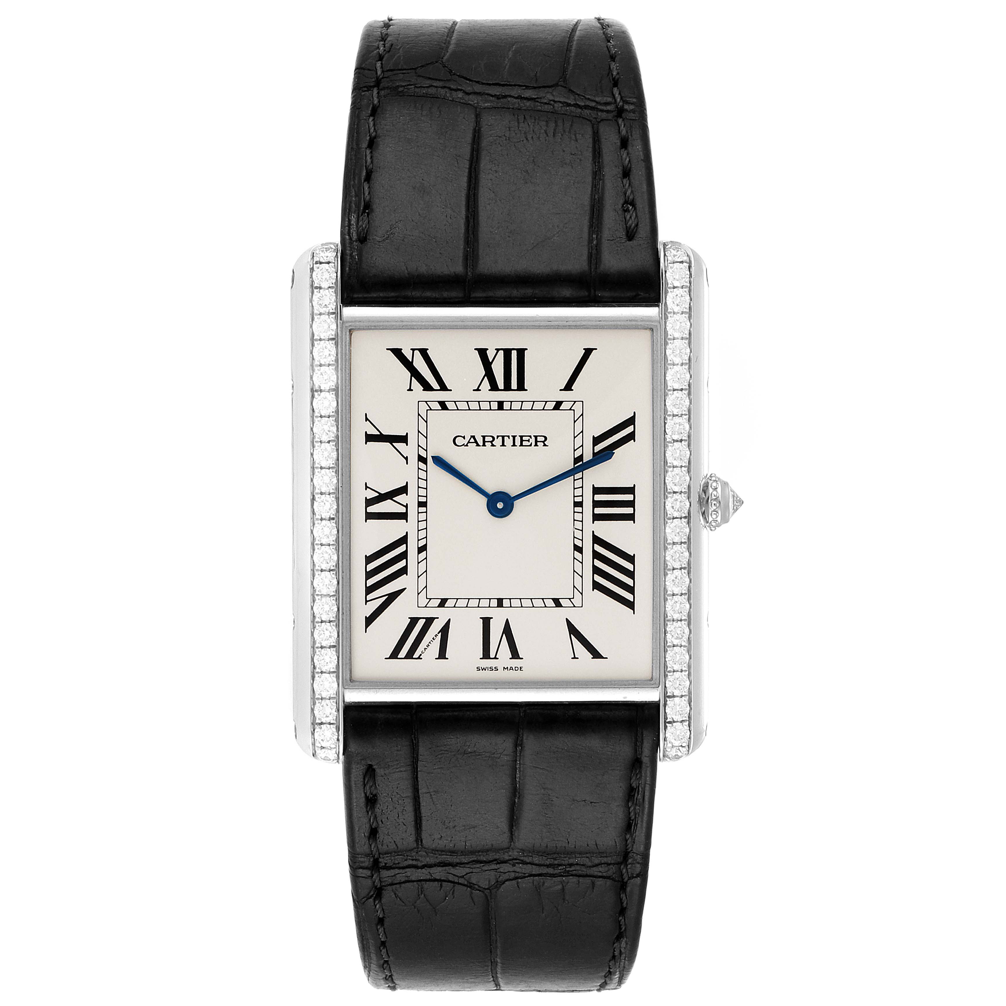The image shows a front view of the Cartier Tank Louis WT200006 Men's White Gold Silver Dial WT200006 Men's White Gold Silver Dial watch, highlighting the dial, case, and black leather strap.