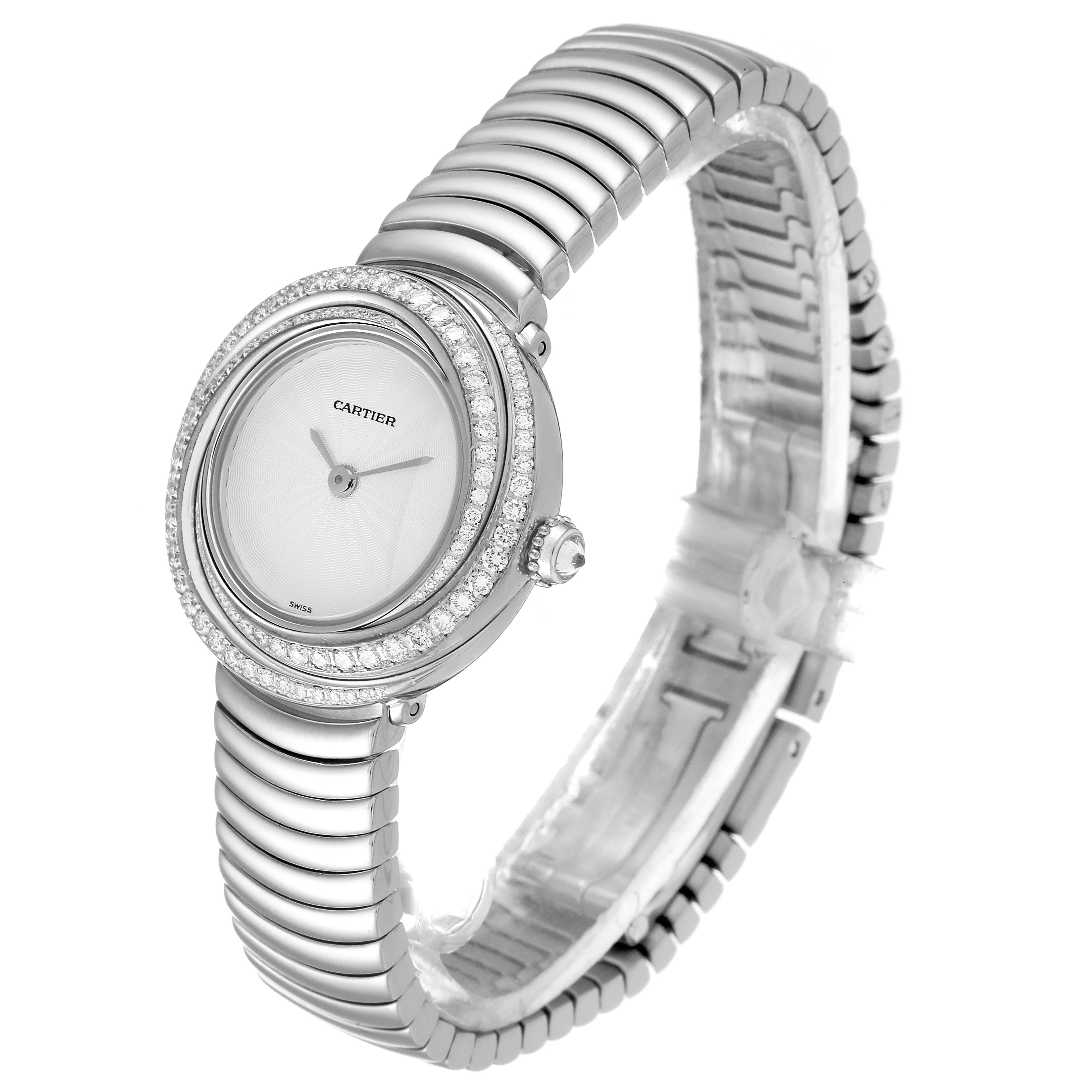 The Cartier Trinity 2444 Women's White Gold Silver Dial 2444 Women's White Gold Silver Dial model watch is shown from a three-quarter angle, displaying its face, bezel, bracelet, and crown.