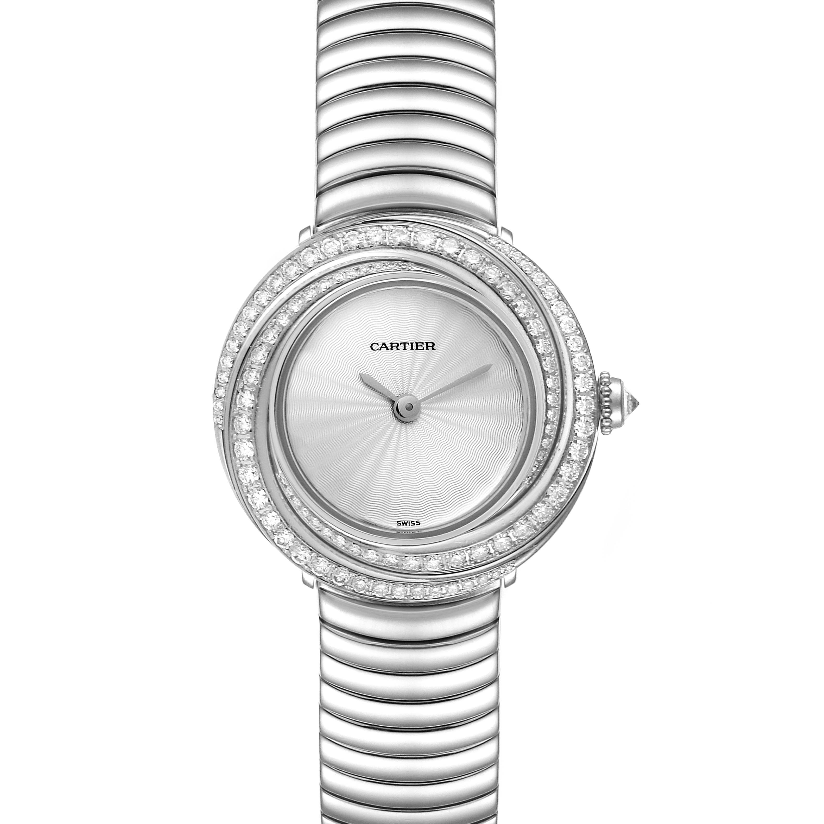 This image shows a front view of the Cartier Trinity 2444 Women's White Gold Silver Dial 2444 Women's White Gold Silver Dial model watch, displaying its face, bezel, and bracelet.