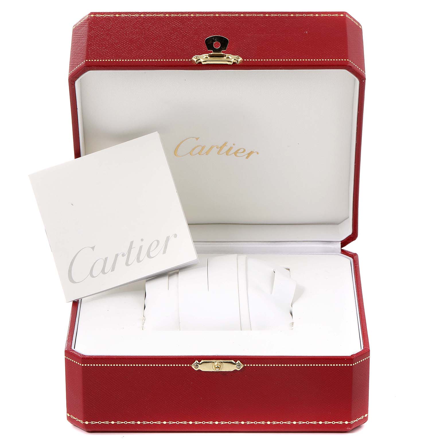 The image shows the Cartier Trinity 2444 Women's White Gold Silver Dial 2444 Women's White Gold Silver Dial watch box and booklet from a front angle, with the watch not present.