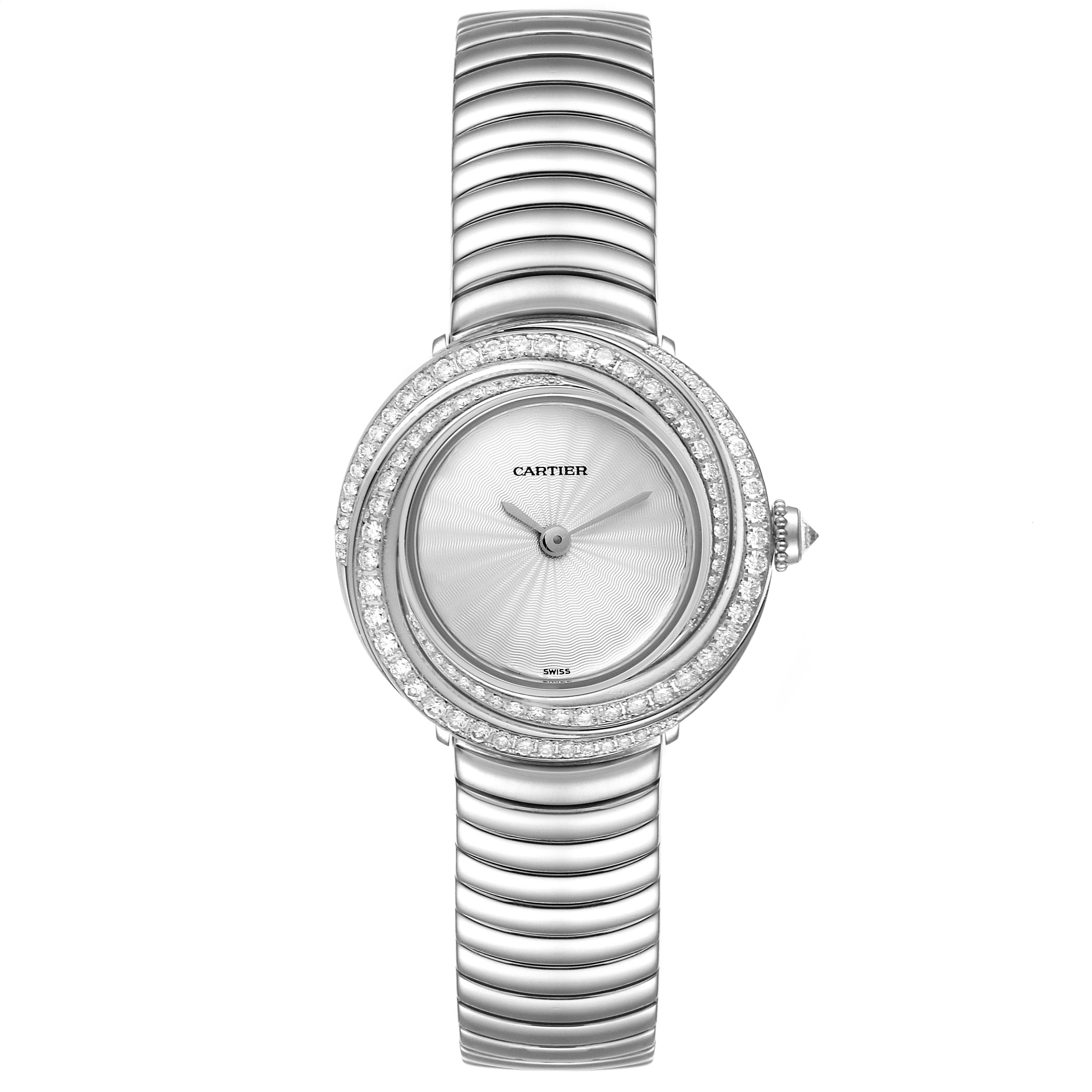 This image shows a frontal view of the Cartier Trinity 2444 Women's White Gold Silver Dial 2444 Women's White Gold Silver Dial model watch, highlighting its round dial, bejeweled bezel, and metallic band.