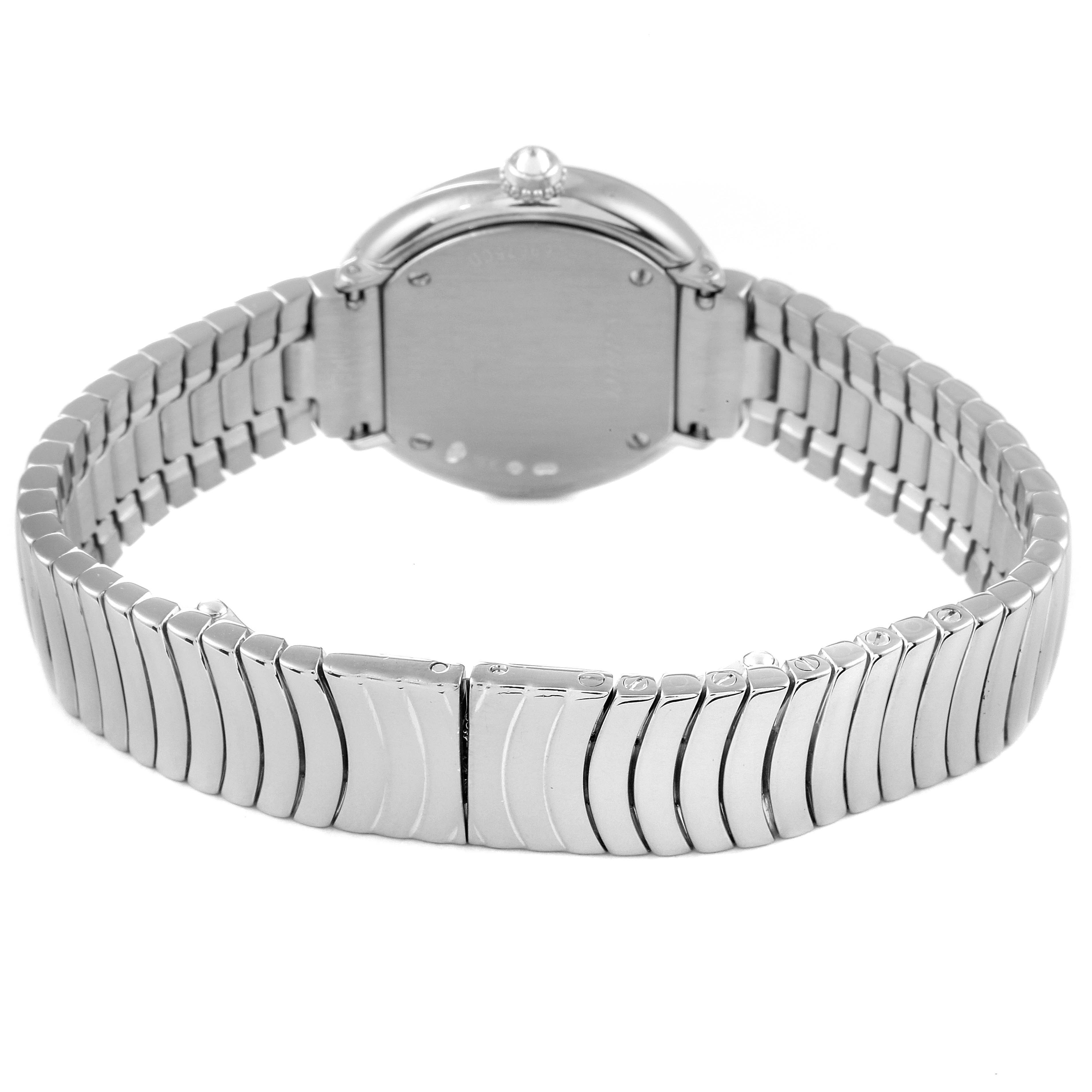 The image shows the back view of a Cartier Trinity 2444 Women's White Gold Silver Dial 2444 Women's White Gold Silver Dial model watch, featuring its stainless steel bracelet and case.