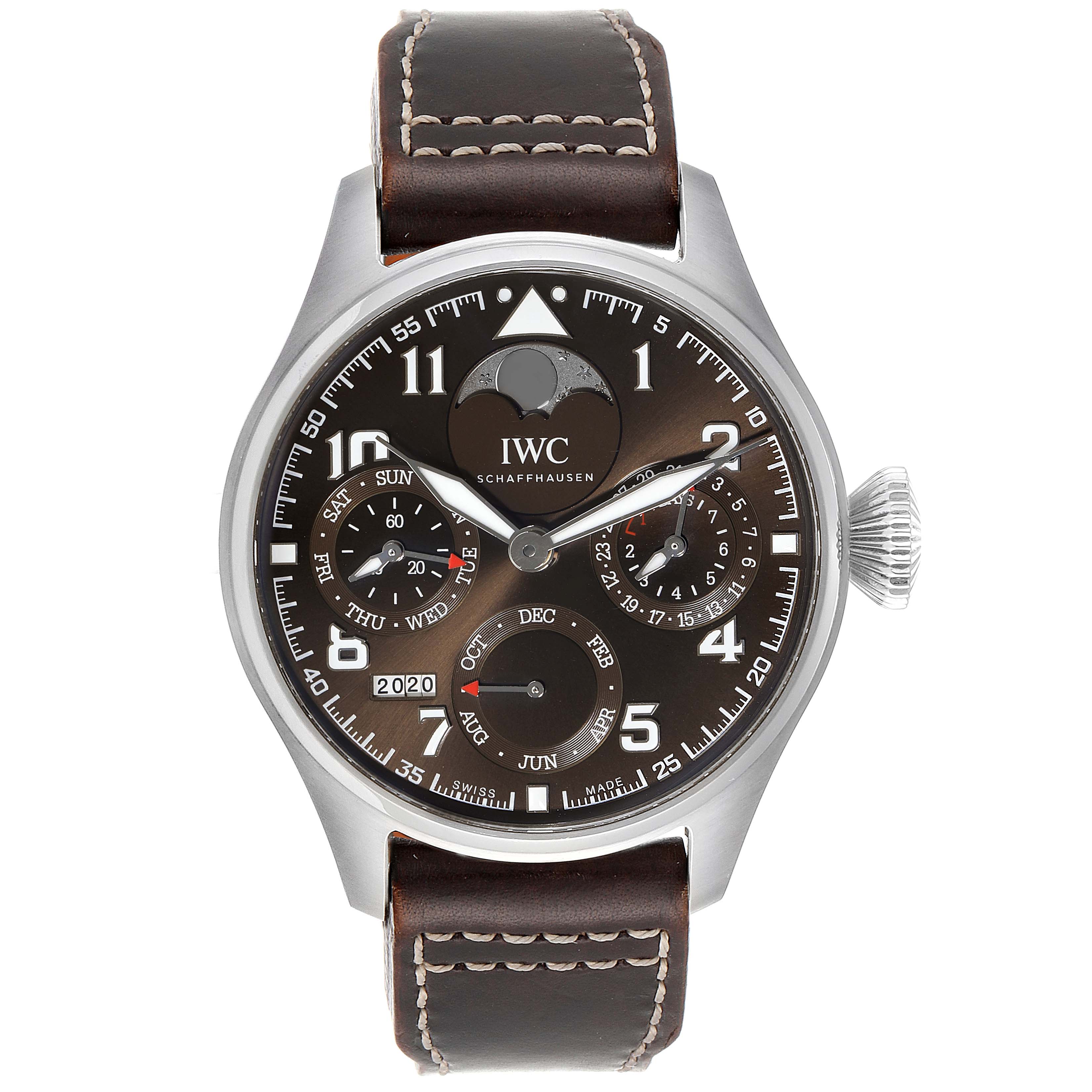 The image shows a front view of the IWC Pilot IW503801 Men
s Stainless Steel Brown Dial IW503801 Men
s Stainless Steel Brown Dial model watch, featuring a brown dial and a leather strap.