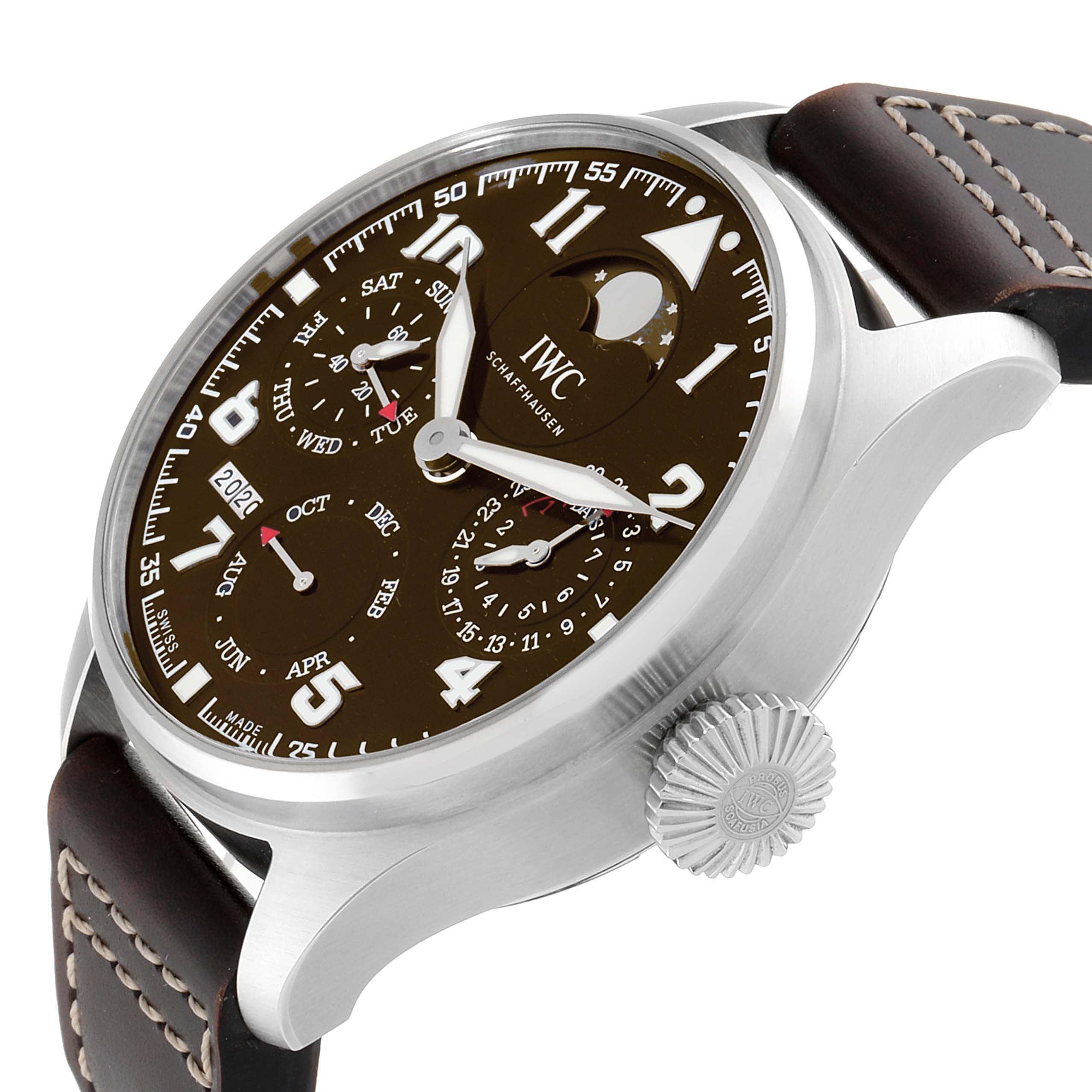 The image shows an IWC Pilot IW503801 Men
s Stainless Steel Brown Dial IW503801 Men
s Stainless Steel Brown Dial watch, highlighting its dial, moon phase display, crown, and part of the leather strap, viewed at a slight angle.