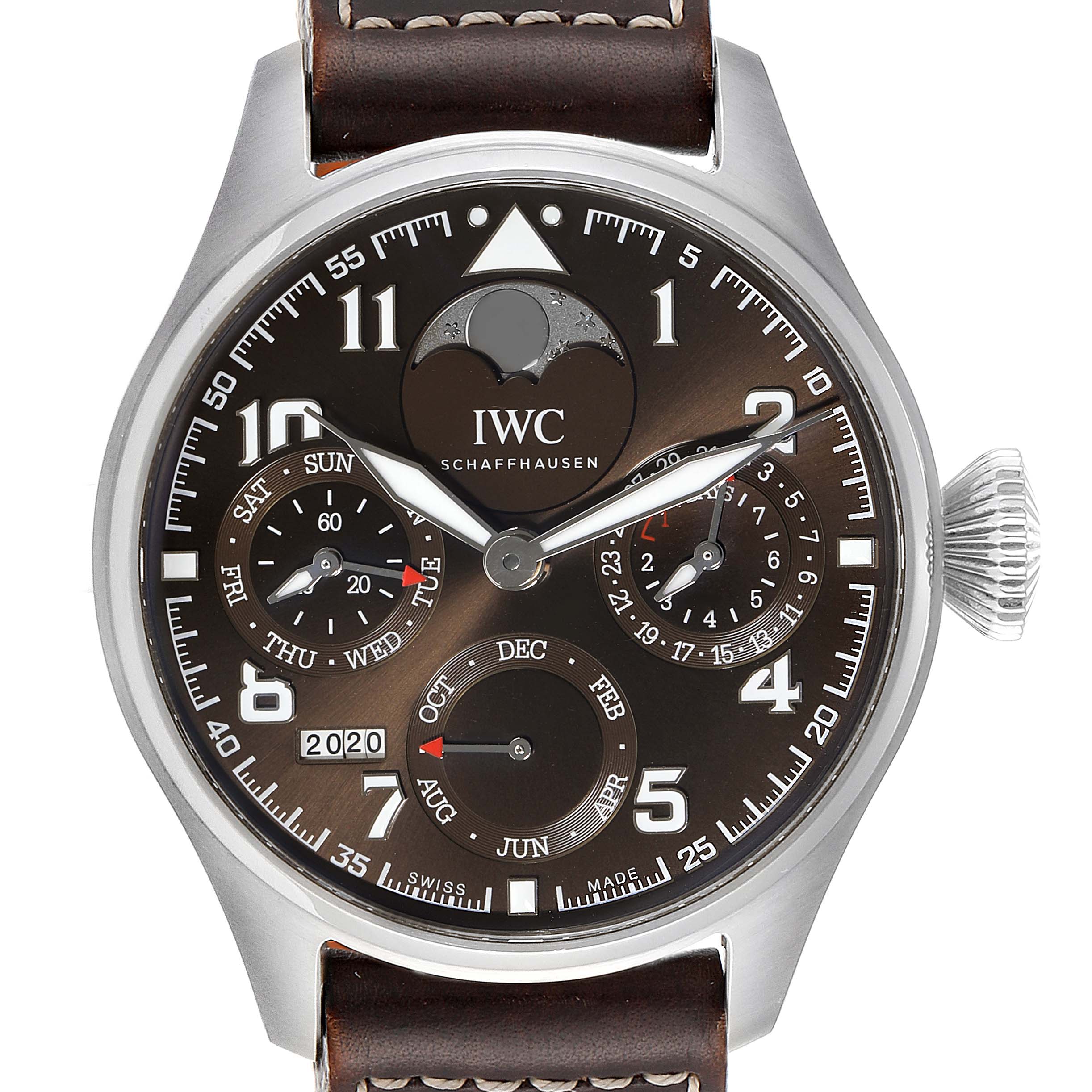 The image shows a frontal view of an IWC Pilot IW503801 Men
s Stainless Steel Brown Dial IW503801 Men
s Stainless Steel Brown Dial model watch, highlighting the dial, subdials, moon phase, and date functions.
