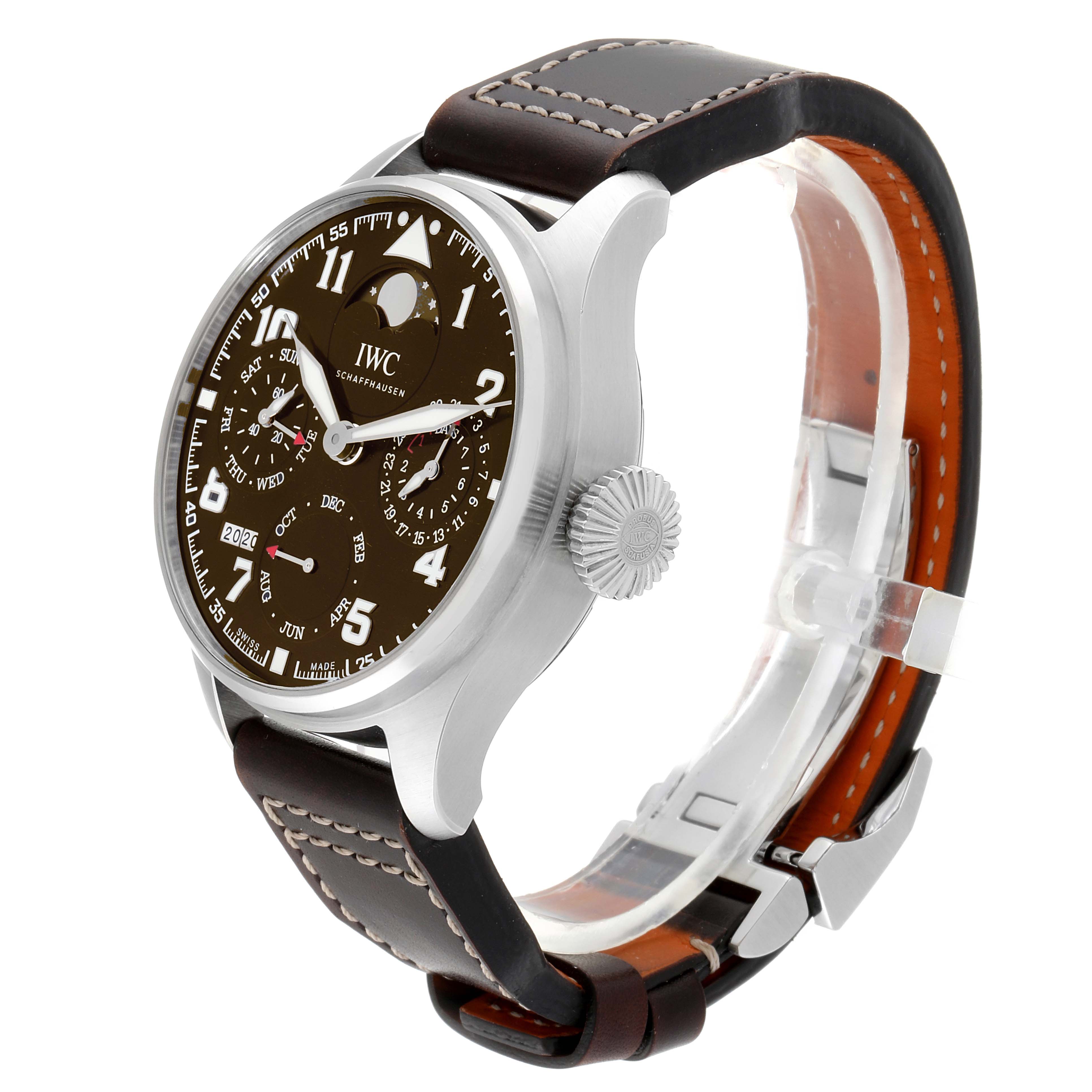 The IWC Pilot IW503801 Men
s Stainless Steel Brown Dial IW503801 Men
s Stainless Steel Brown Dial watch is shown from a three-quarter angle, displaying the face, case, crown, and leather strap.