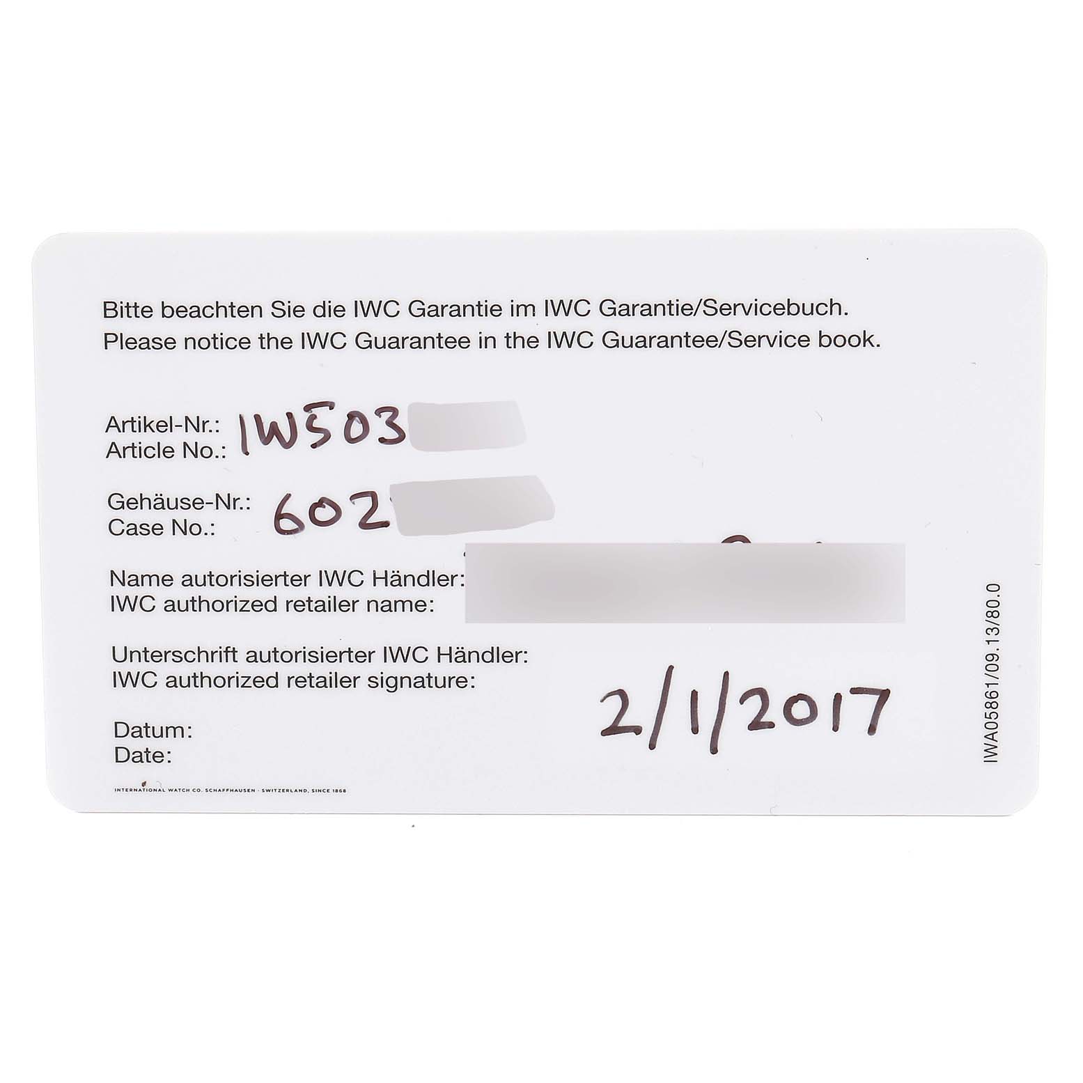 This image shows an IWC warranty card for a Pilot model watch, including the article and case numbers.